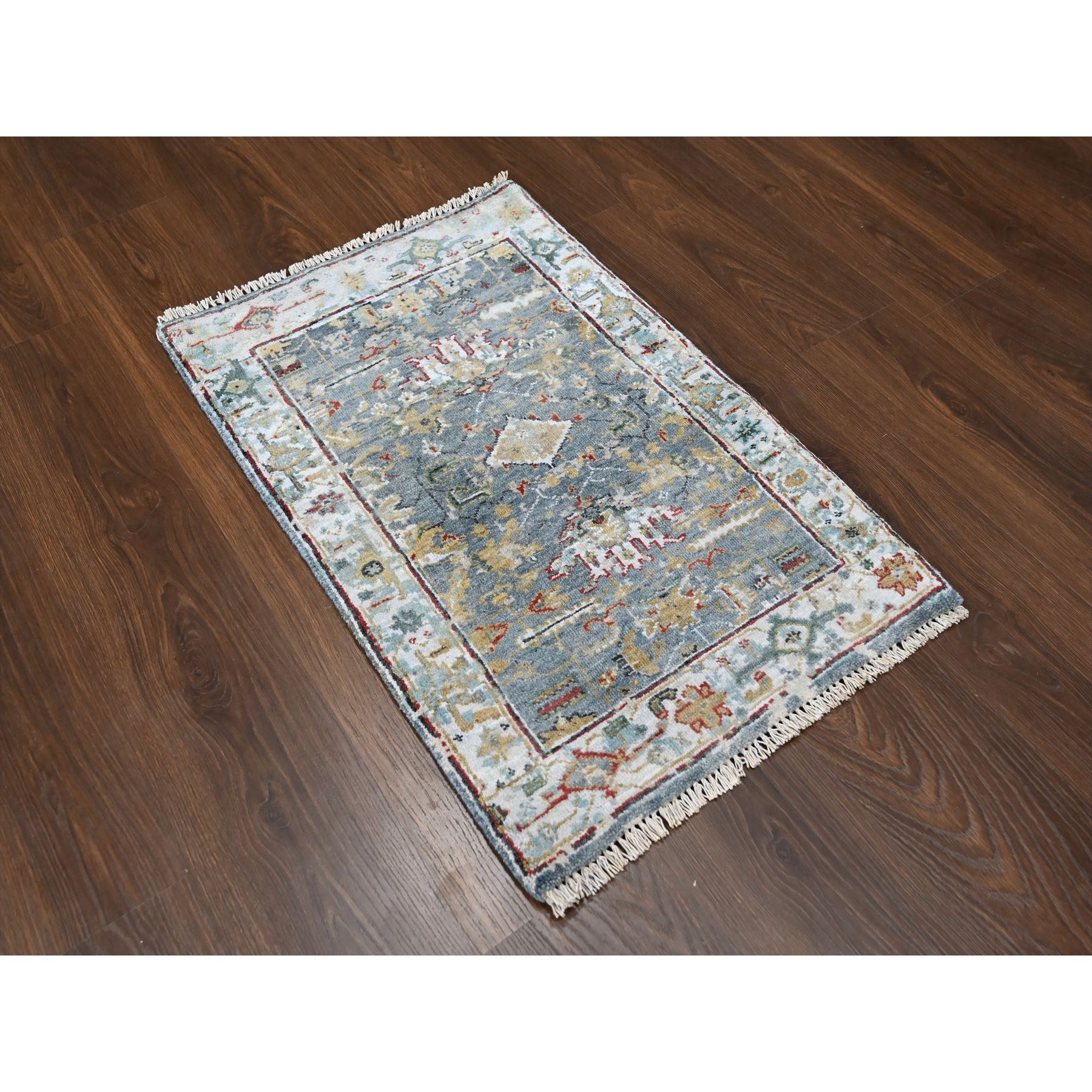 2'x3' Marengo Gray, Hand Knotted, Broken and Erased Persian Heriz All Over Design with Soft Color Palette, Dense Weave, Natural Wool, Mat, Oriental Rug Sh10189