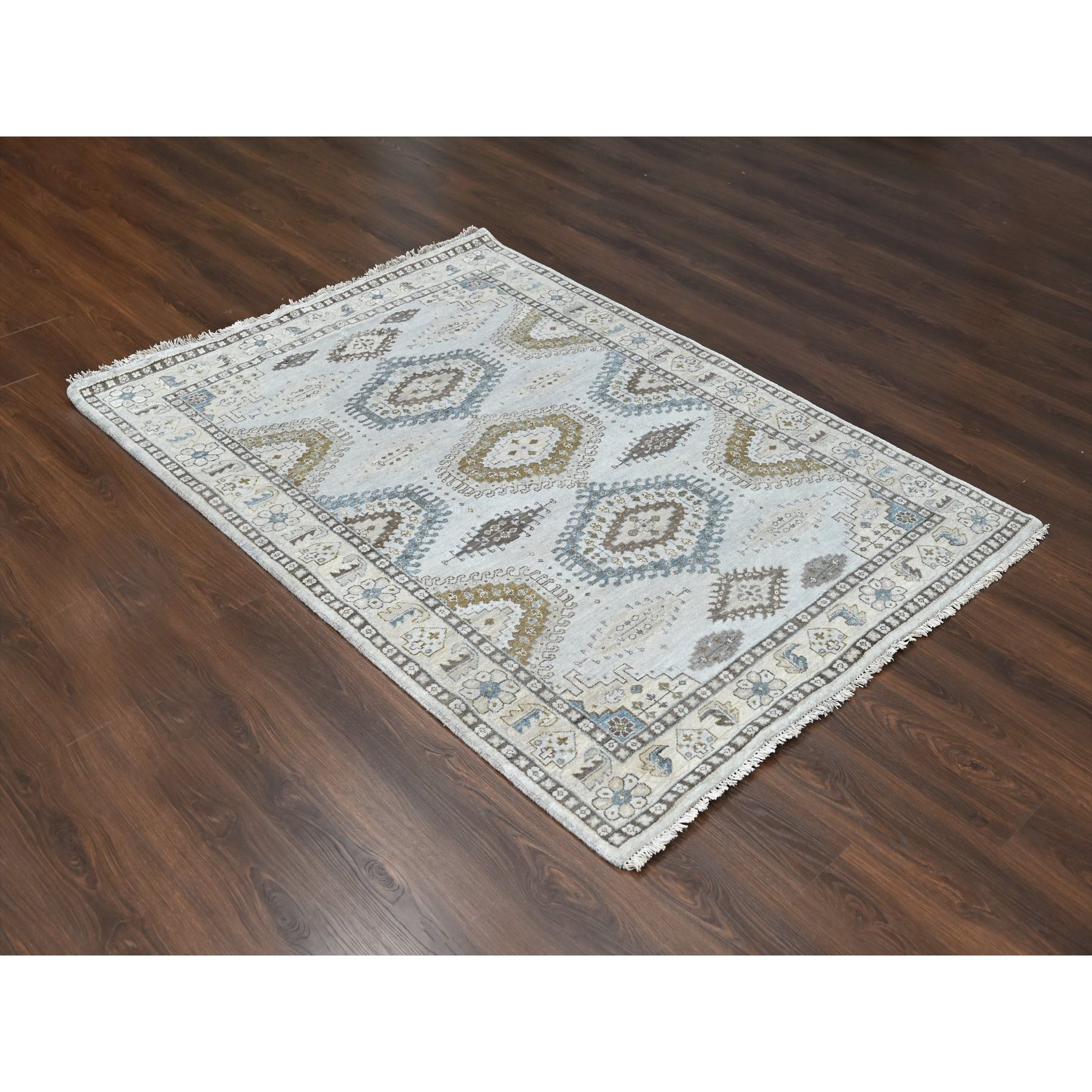 5'1"x6'10" Cloud Gray, Persian Village Inspired Geometric Elements Design, Pure Wool, Natural Dyes, Denser Weave, Hand Knotted, Oriental Rug Sh10190