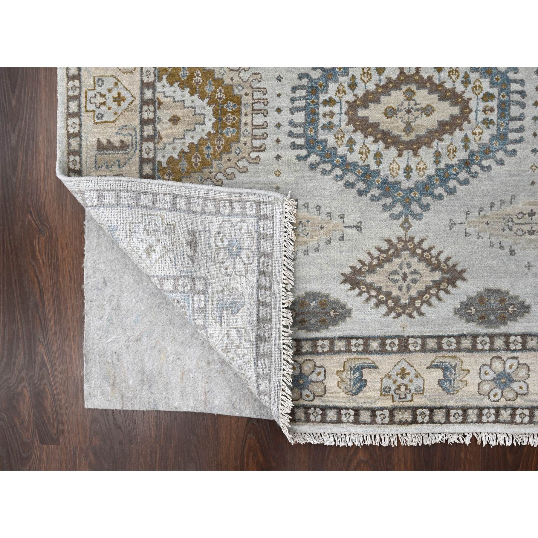 5'1"x6'10" Cloud Gray, Persian Village Inspired Geometric Elements Design, Pure Wool, Natural Dyes, Denser Weave, Hand Knotted, Oriental Rug Sh10190