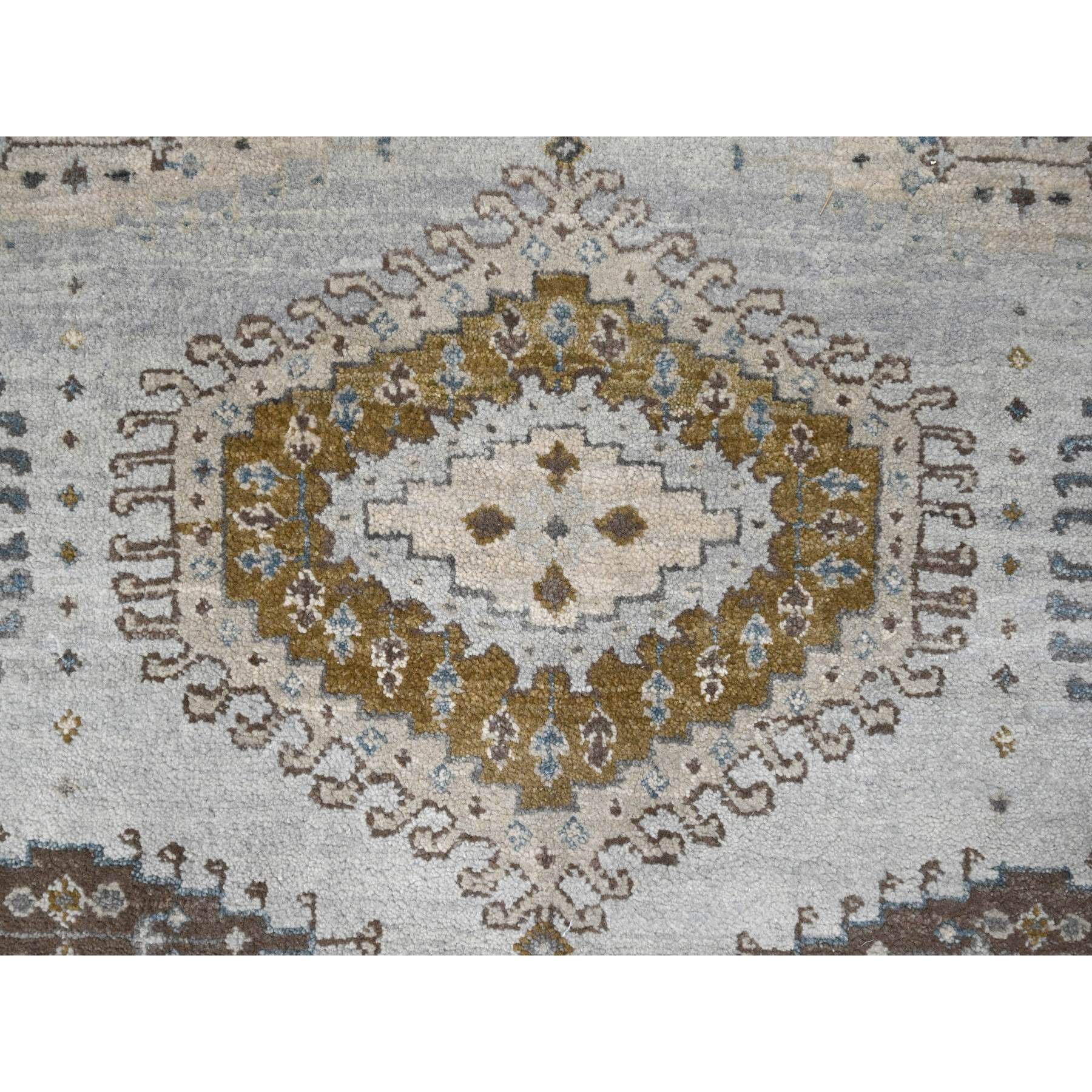 5'1"x6'10" Cloud Gray, Persian Village Inspired Geometric Elements Design, Pure Wool, Natural Dyes, Denser Weave, Hand Knotted, Oriental Rug Sh10190