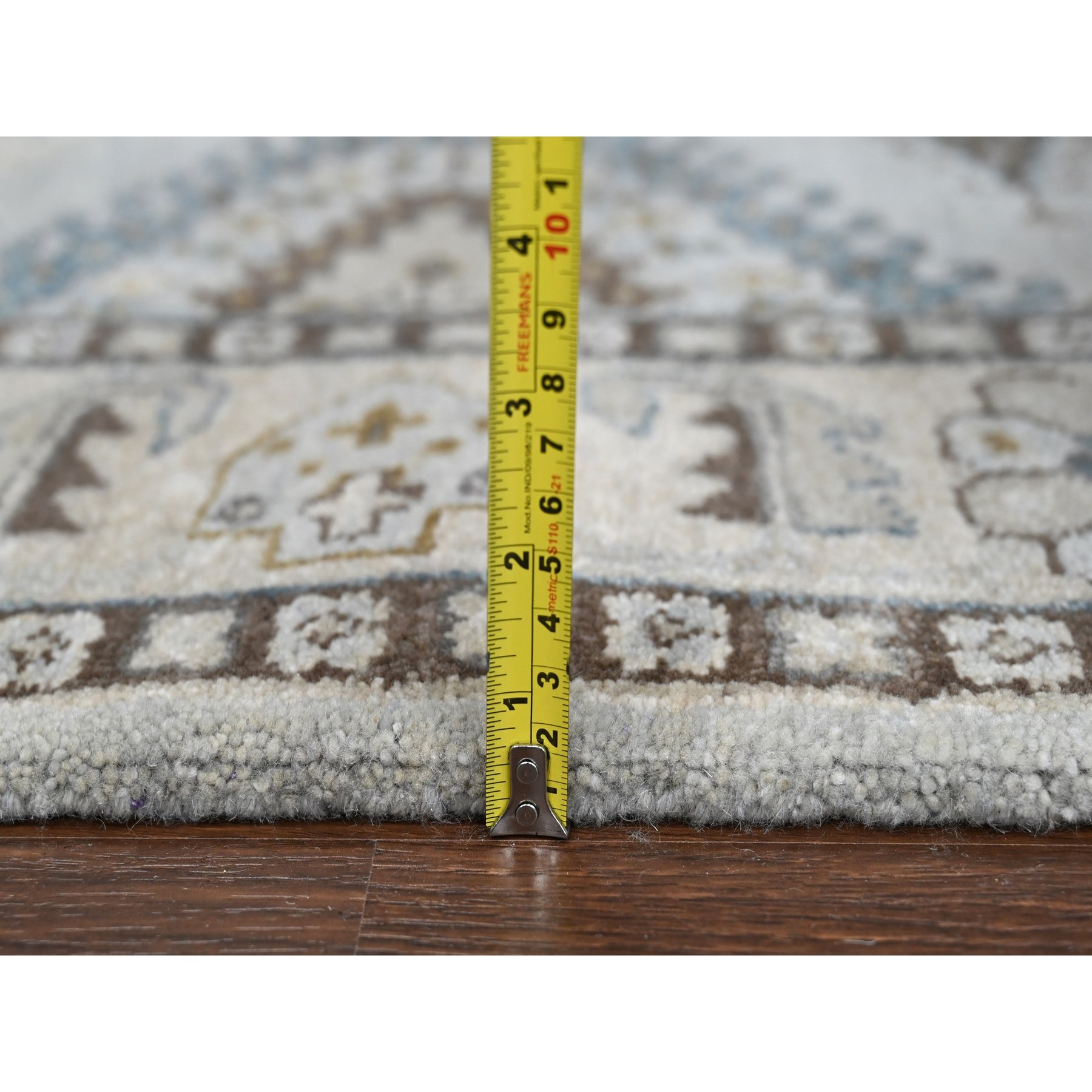 5'1"x6'10" Cloud Gray, Persian Village Inspired Geometric Elements Design, Pure Wool, Natural Dyes, Denser Weave, Hand Knotted, Oriental Rug Sh10190