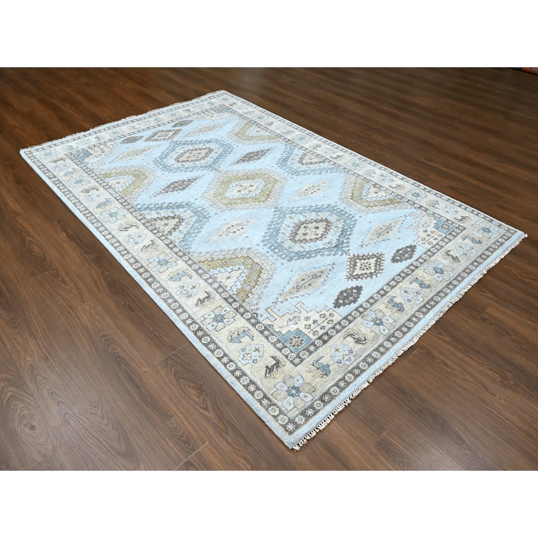 6'2"x9'1" Pastel Gray with Gold, Persian Village Inspired Geometric Elements Design, Pure Wool, Vegetable Dyes, Densely Woven, Hand Knotted, Oriental Rug Sh10191