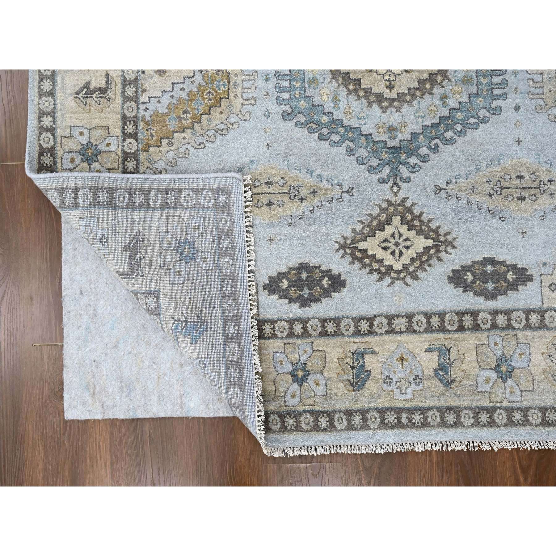 6'2"x9'1" Pastel Gray with Gold, Persian Village Inspired Geometric Elements Design, Pure Wool, Vegetable Dyes, Densely Woven, Hand Knotted, Oriental Rug Sh10191