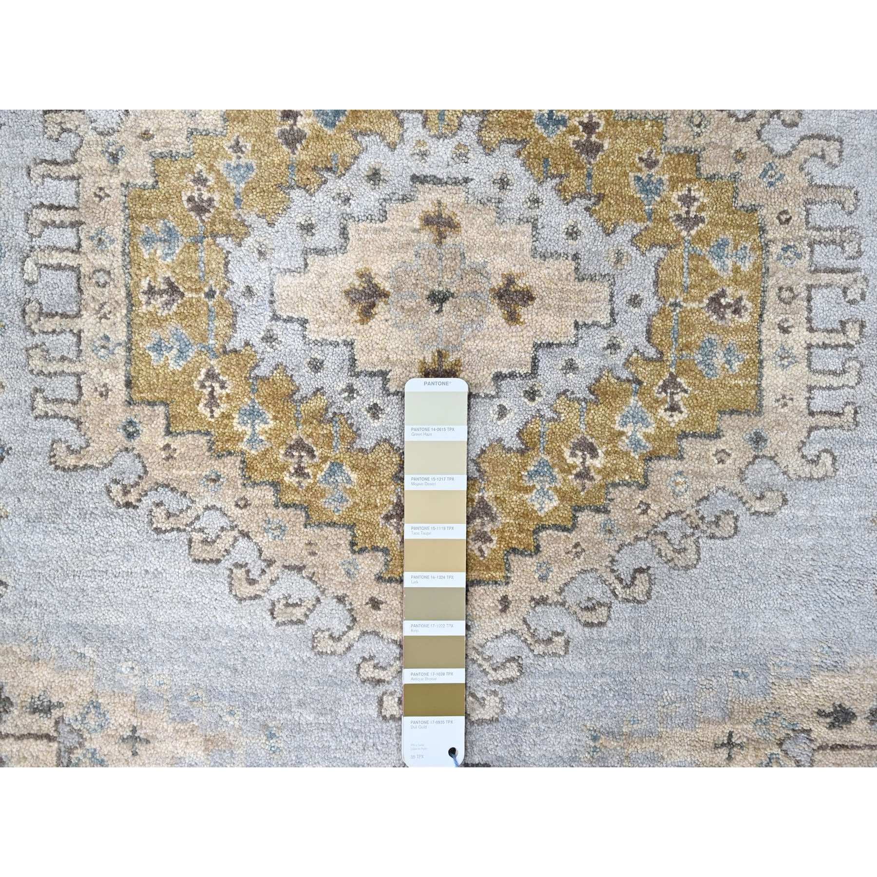 6'2"x9'1" Pastel Gray with Gold, Persian Village Inspired Geometric Elements Design, Pure Wool, Vegetable Dyes, Densely Woven, Hand Knotted, Oriental Rug Sh10191