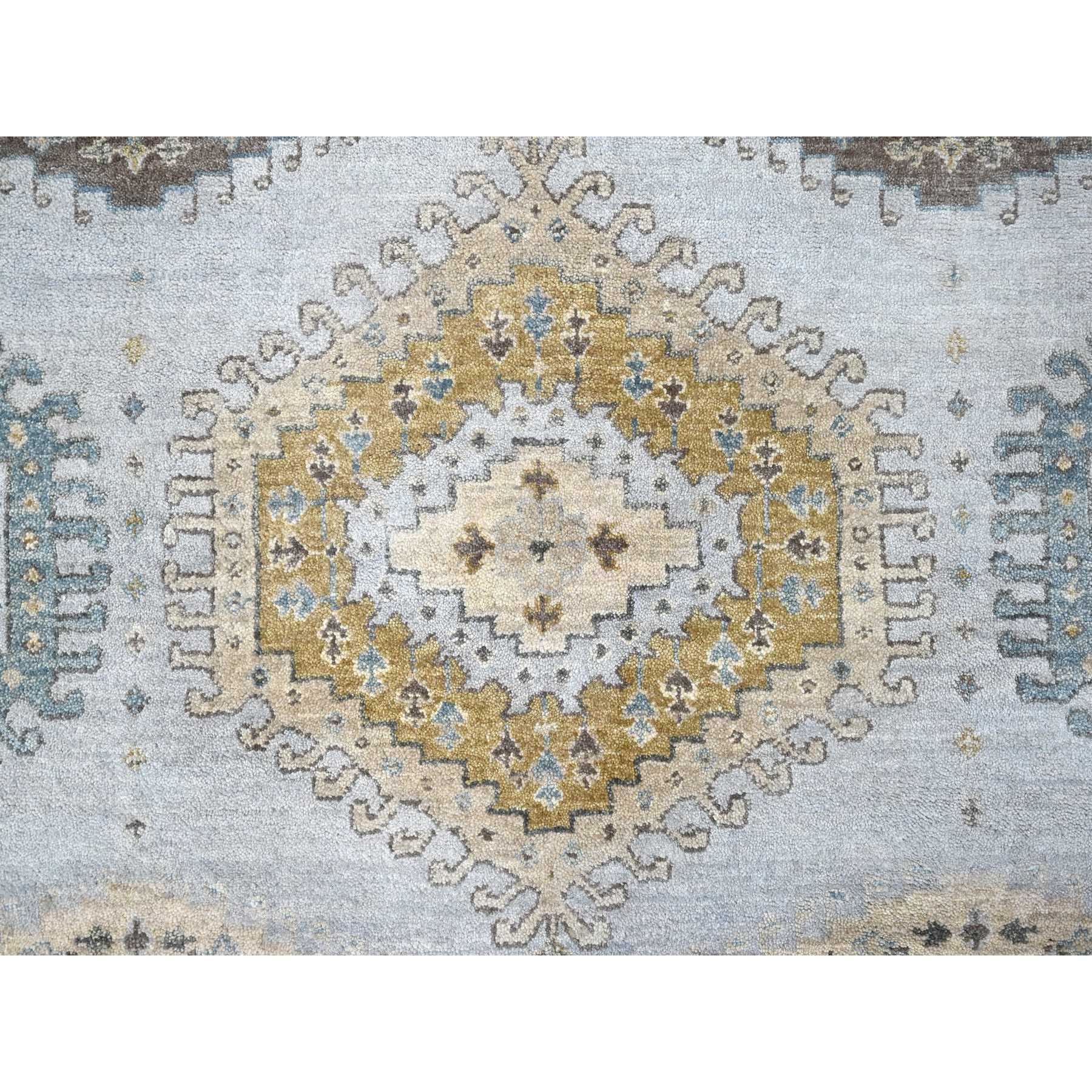 6'2"x9'1" Pastel Gray with Gold, Persian Village Inspired Geometric Elements Design, Pure Wool, Vegetable Dyes, Densely Woven, Hand Knotted, Oriental Rug Sh10191