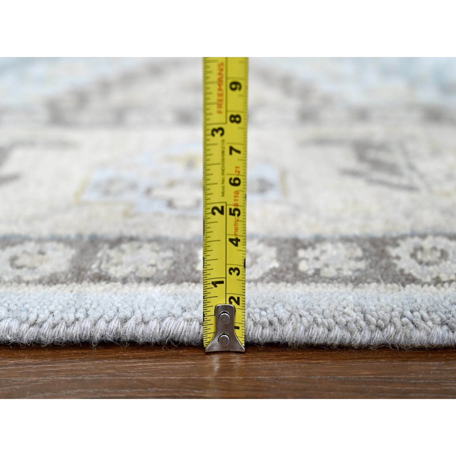 6'2"x9'1" Pastel Gray with Gold, Persian Village Inspired Geometric Elements Design, Pure Wool, Vegetable Dyes, Densely Woven, Hand Knotted, Oriental Rug Sh10191