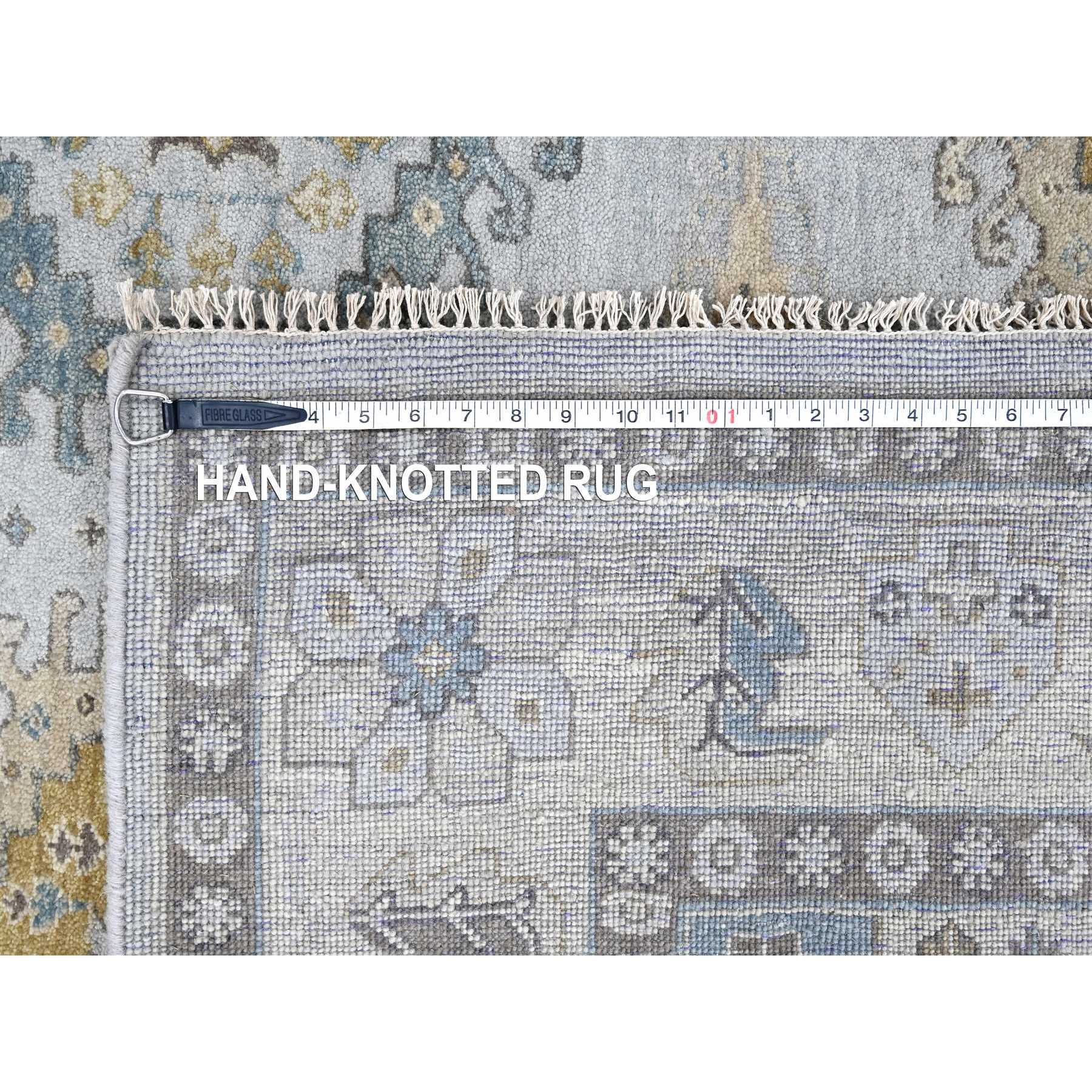 6'2"x9'1" Pastel Gray with Gold, Persian Village Inspired Geometric Elements Design, Pure Wool, Vegetable Dyes, Densely Woven, Hand Knotted, Oriental Rug Sh10191