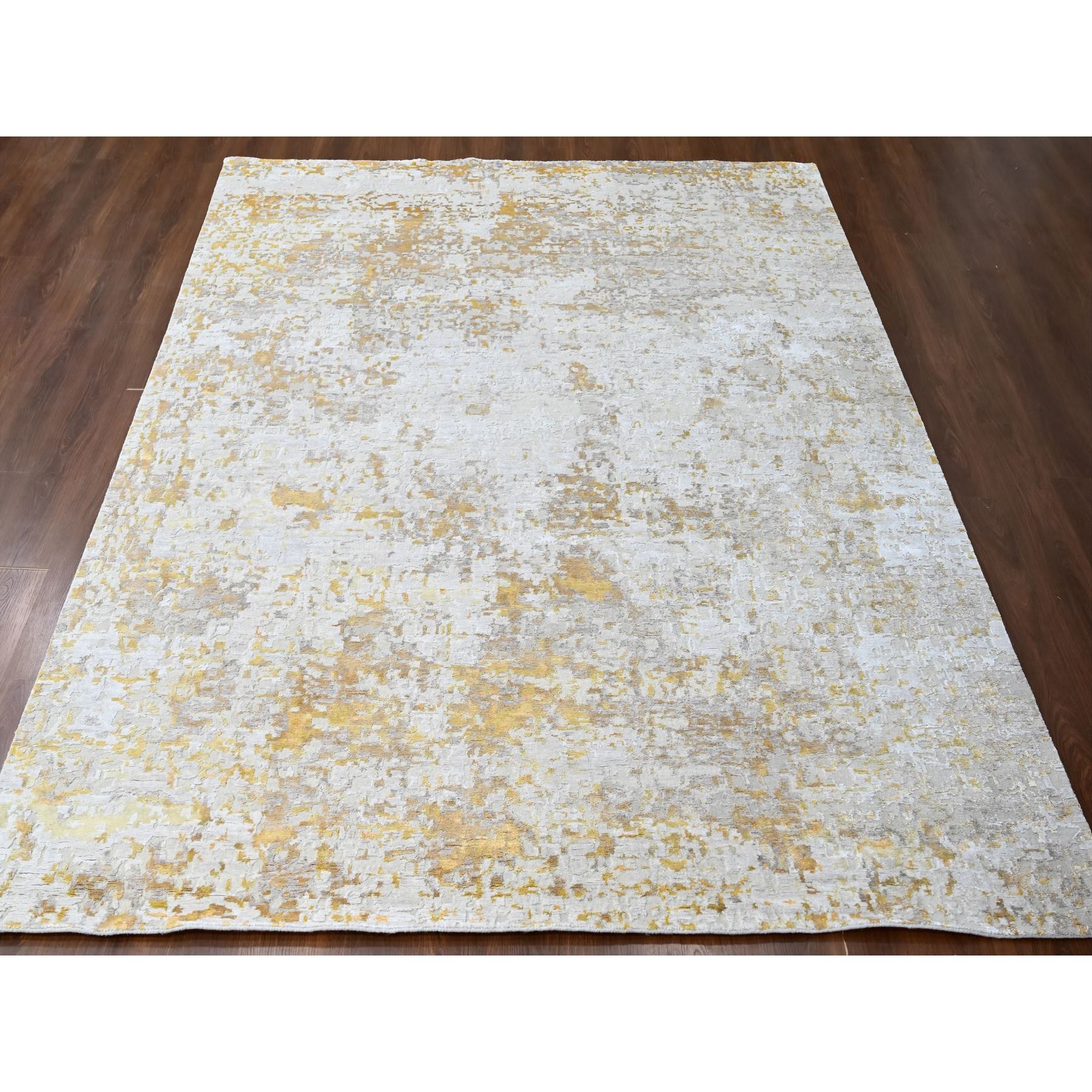 9'x12' Beige with Gold, Abstract Design, Wool and Silk, Hi-Low Pile, Densely Woven, Hand Knotted, Oriental Rug Sh10195