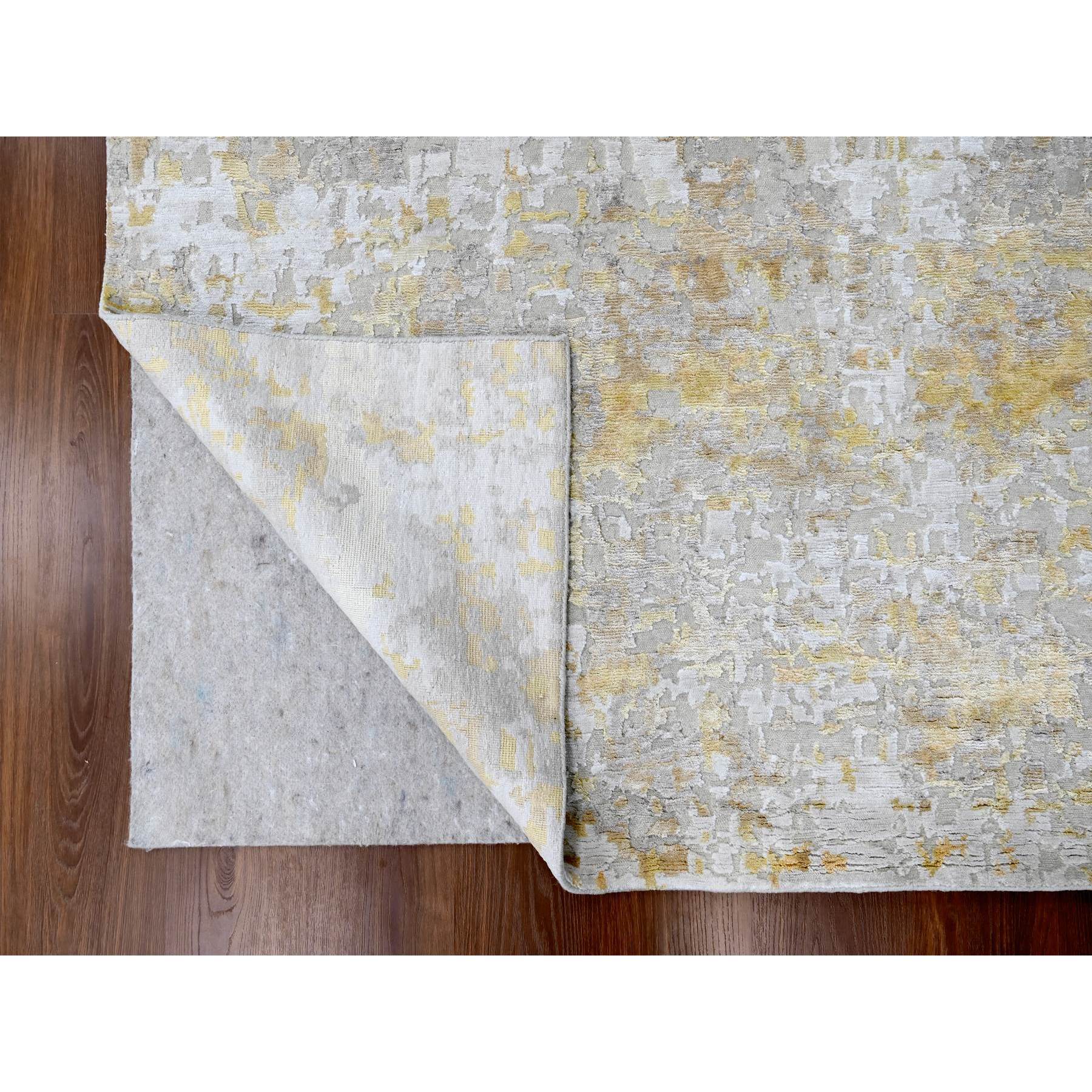 9'x12' Beige with Gold, Abstract Design, Wool and Silk, Hi-Low Pile, Densely Woven, Hand Knotted, Oriental Rug Sh10195