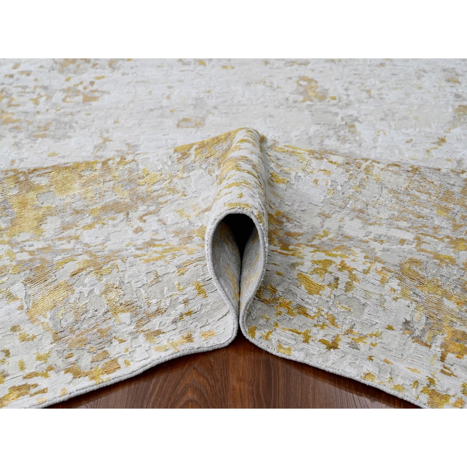 9'x12' Beige with Gold, Abstract Design, Wool and Silk, Hi-Low Pile, Densely Woven, Hand Knotted, Oriental Rug Sh10195
