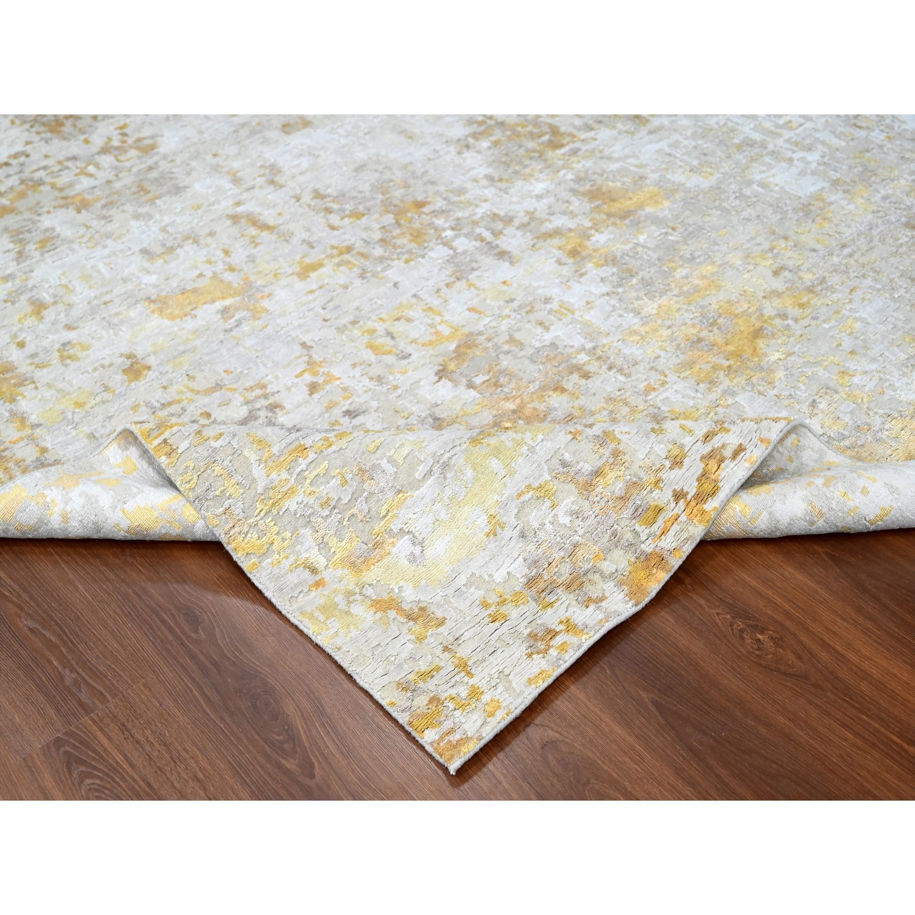 9'x12' Beige with Gold, Abstract Design, Wool and Silk, Hi-Low Pile, Densely Woven, Hand Knotted, Oriental Rug Sh10195