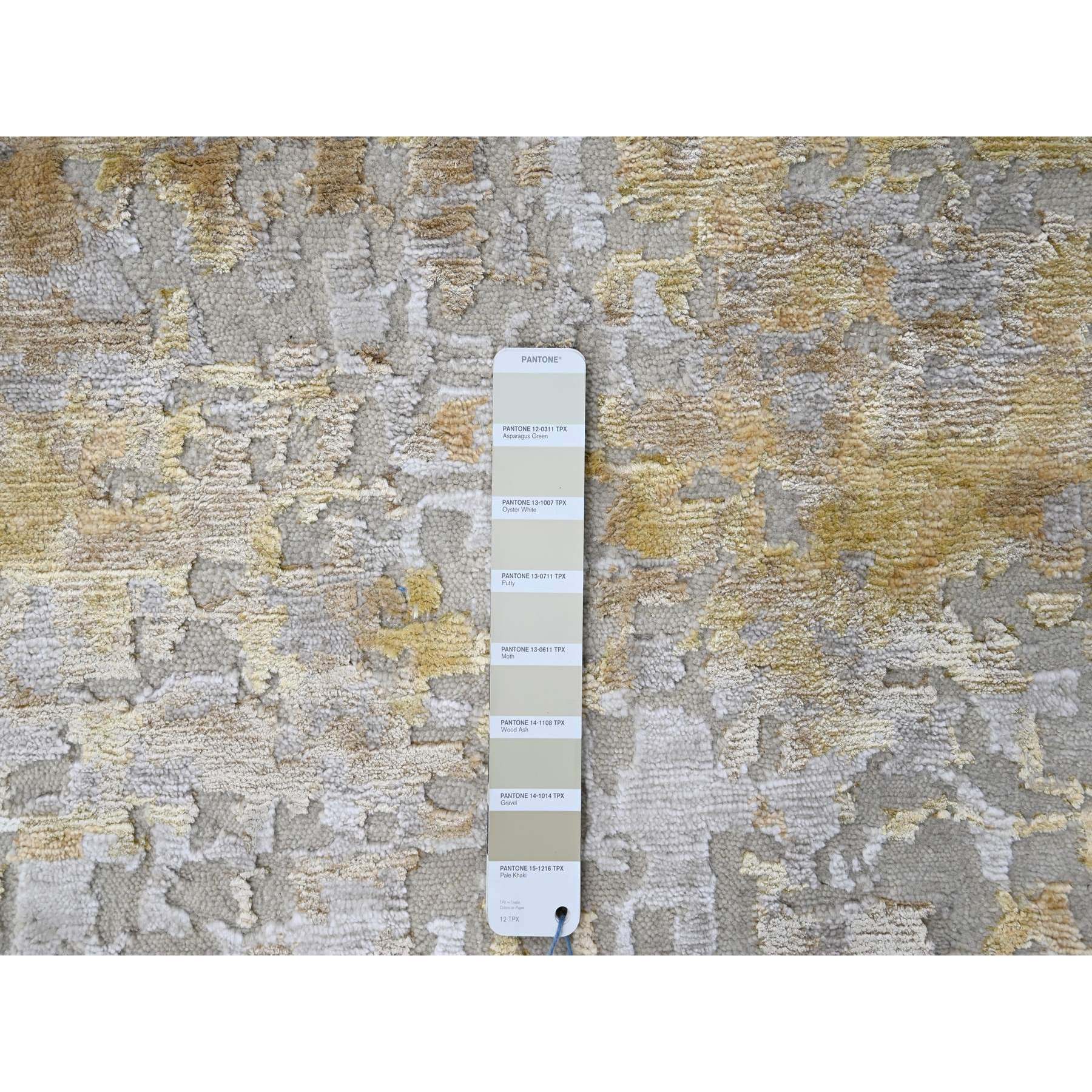 9'x12' Beige with Gold, Abstract Design, Wool and Silk, Hi-Low Pile, Densely Woven, Hand Knotted, Oriental Rug Sh10195