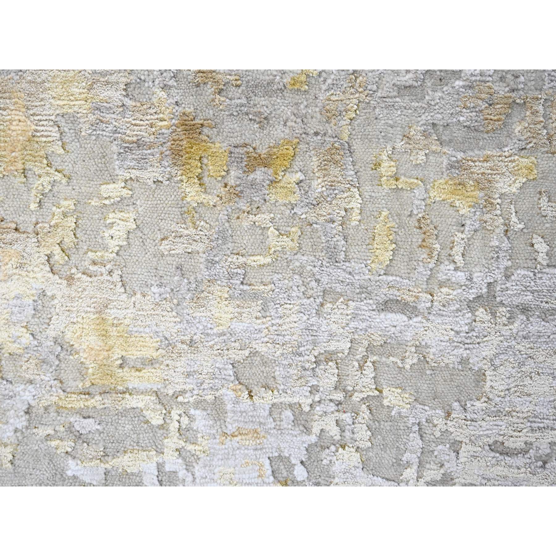 9'x12' Beige with Gold, Abstract Design, Wool and Silk, Hi-Low Pile, Densely Woven, Hand Knotted, Oriental Rug Sh10195