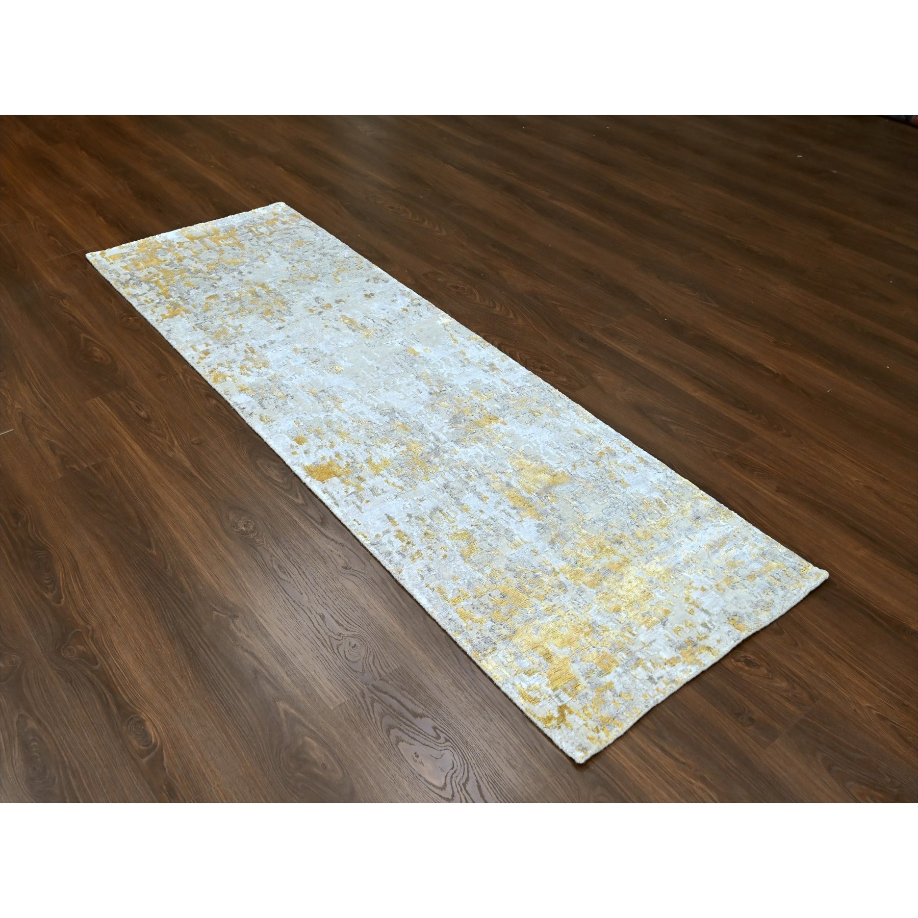 2'7"x7'10" Beige with Gold, Abstract Design, Wool and Silk, Hi-Low Pile, Densely Woven, Hand Knotted, Runner, Oriental Rug Sh10196