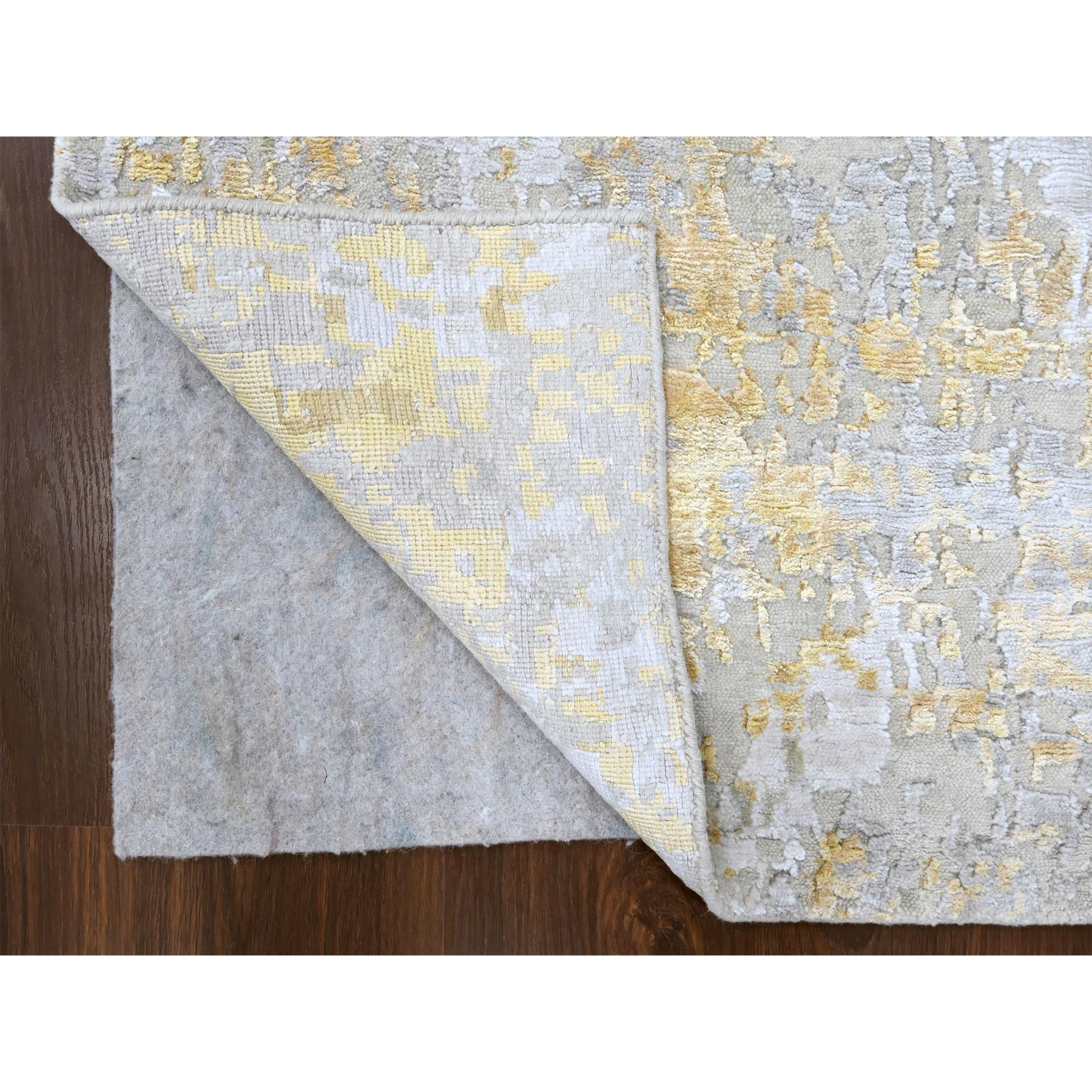 2'7"x7'10" Beige with Gold, Abstract Design, Wool and Silk, Hi-Low Pile, Densely Woven, Hand Knotted, Runner, Oriental Rug Sh10196