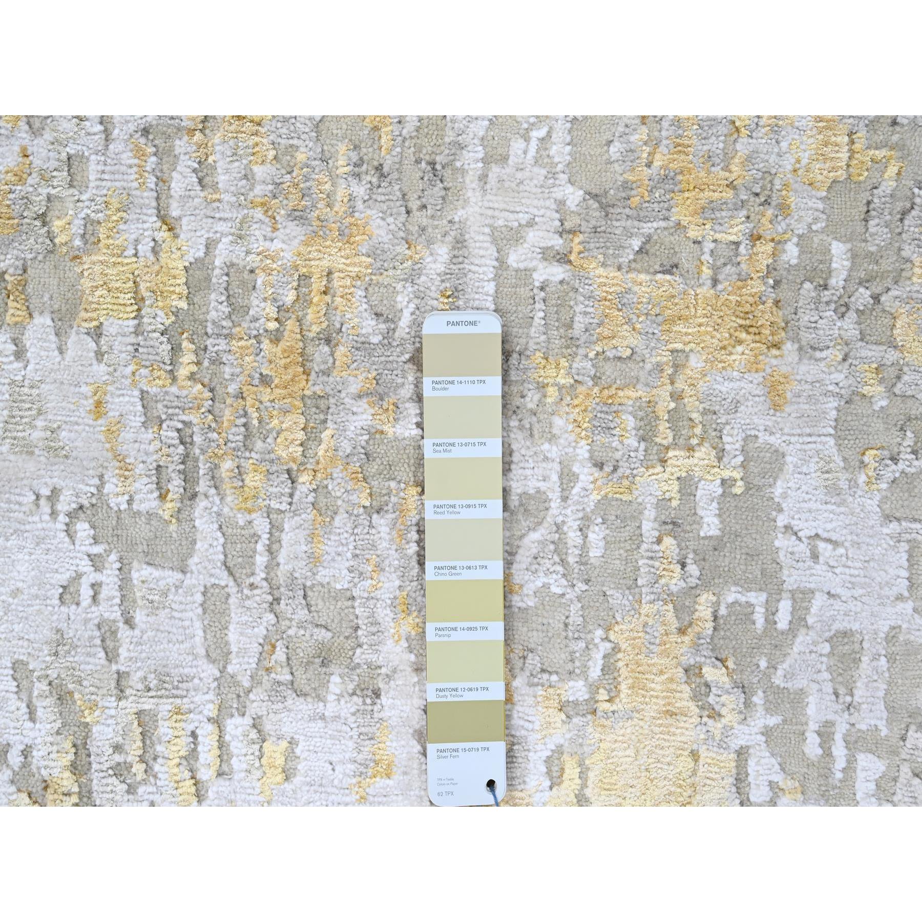 2'7"x7'10" Beige with Gold, Abstract Design, Wool and Silk, Hi-Low Pile, Densely Woven, Hand Knotted, Runner, Oriental Rug Sh10196