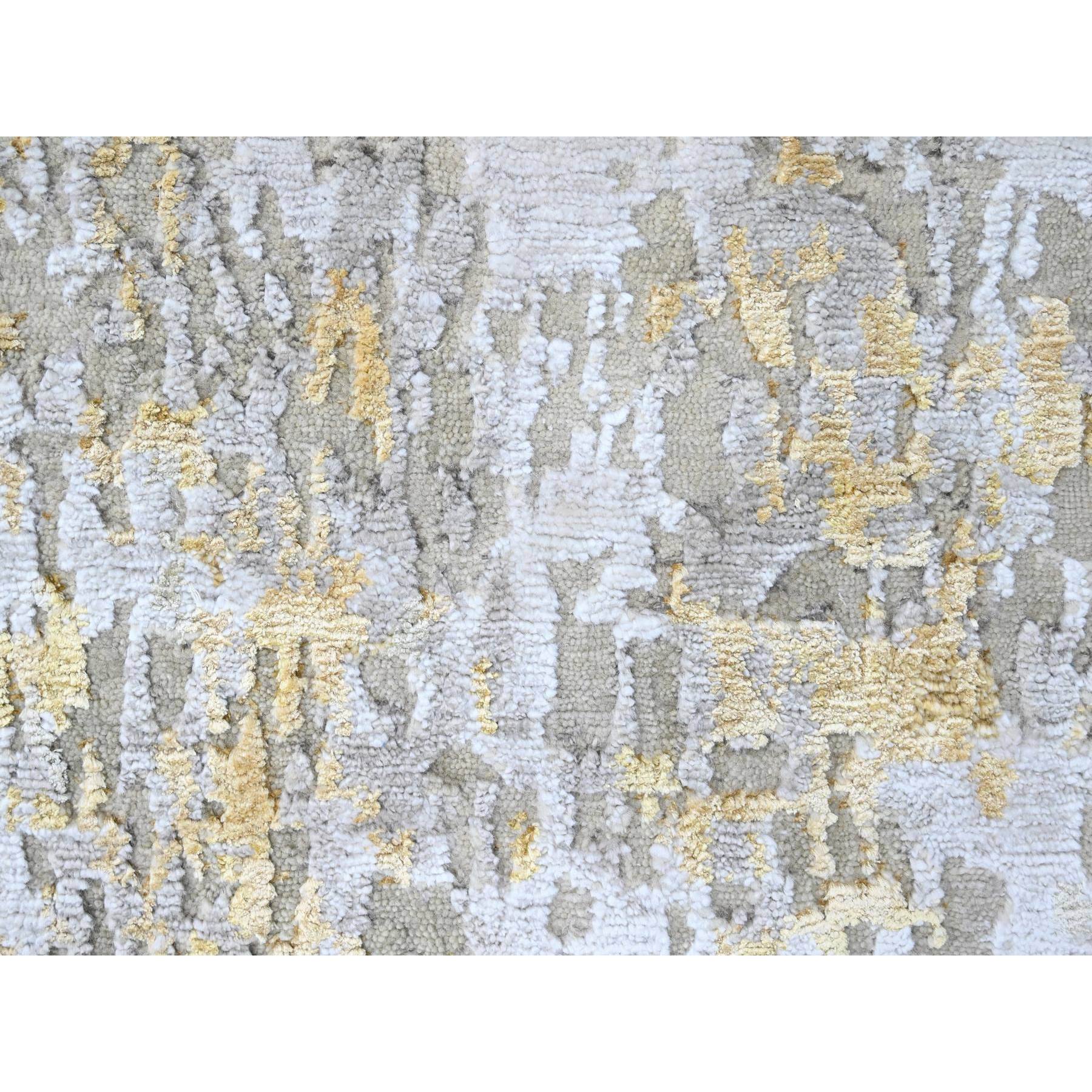 2'7"x7'10" Beige with Gold, Abstract Design, Wool and Silk, Hi-Low Pile, Densely Woven, Hand Knotted, Runner, Oriental Rug Sh10196
