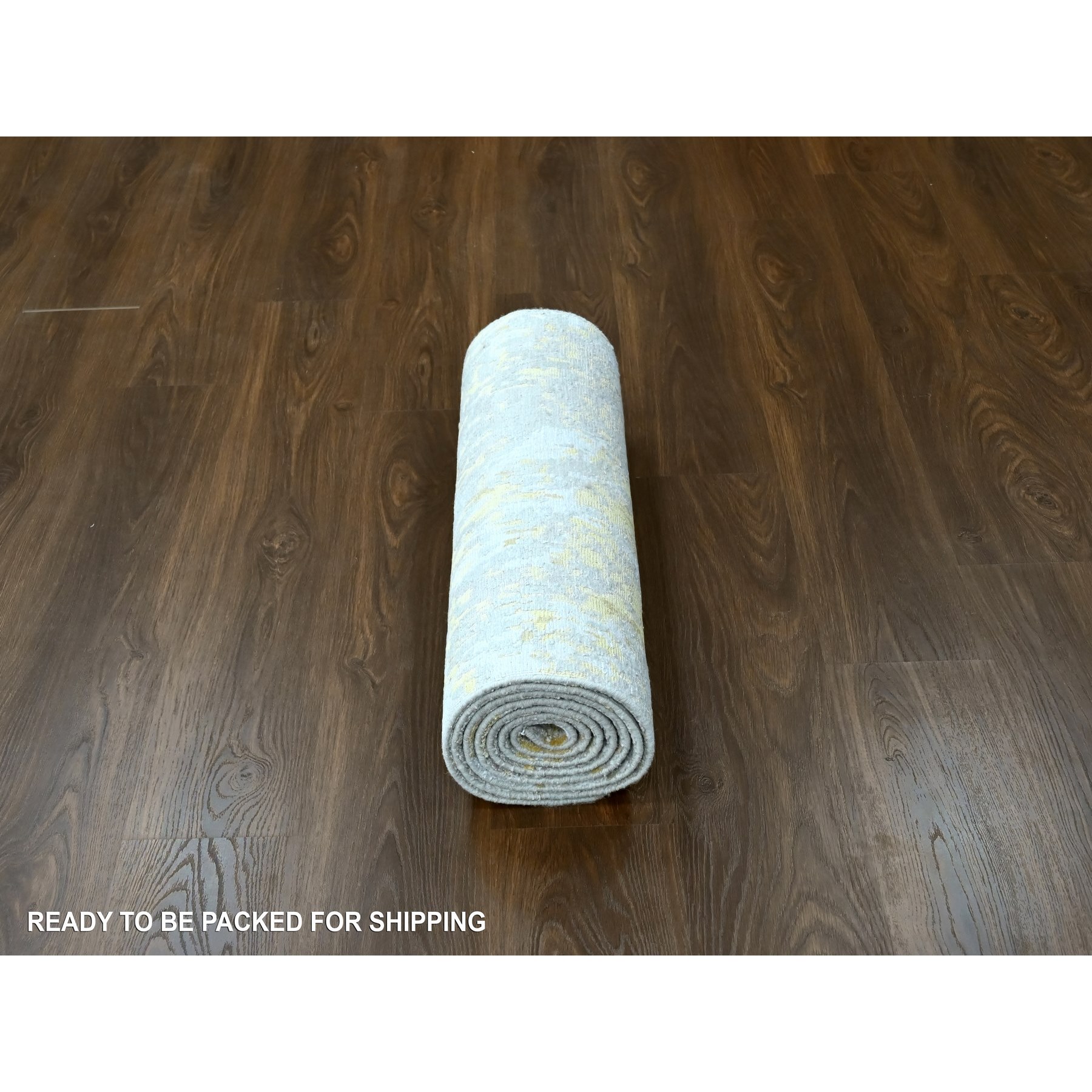 2'7"x7'10" Beige with Gold, Abstract Design, Wool and Silk, Hi-Low Pile, Densely Woven, Hand Knotted, Runner, Oriental Rug Sh10196