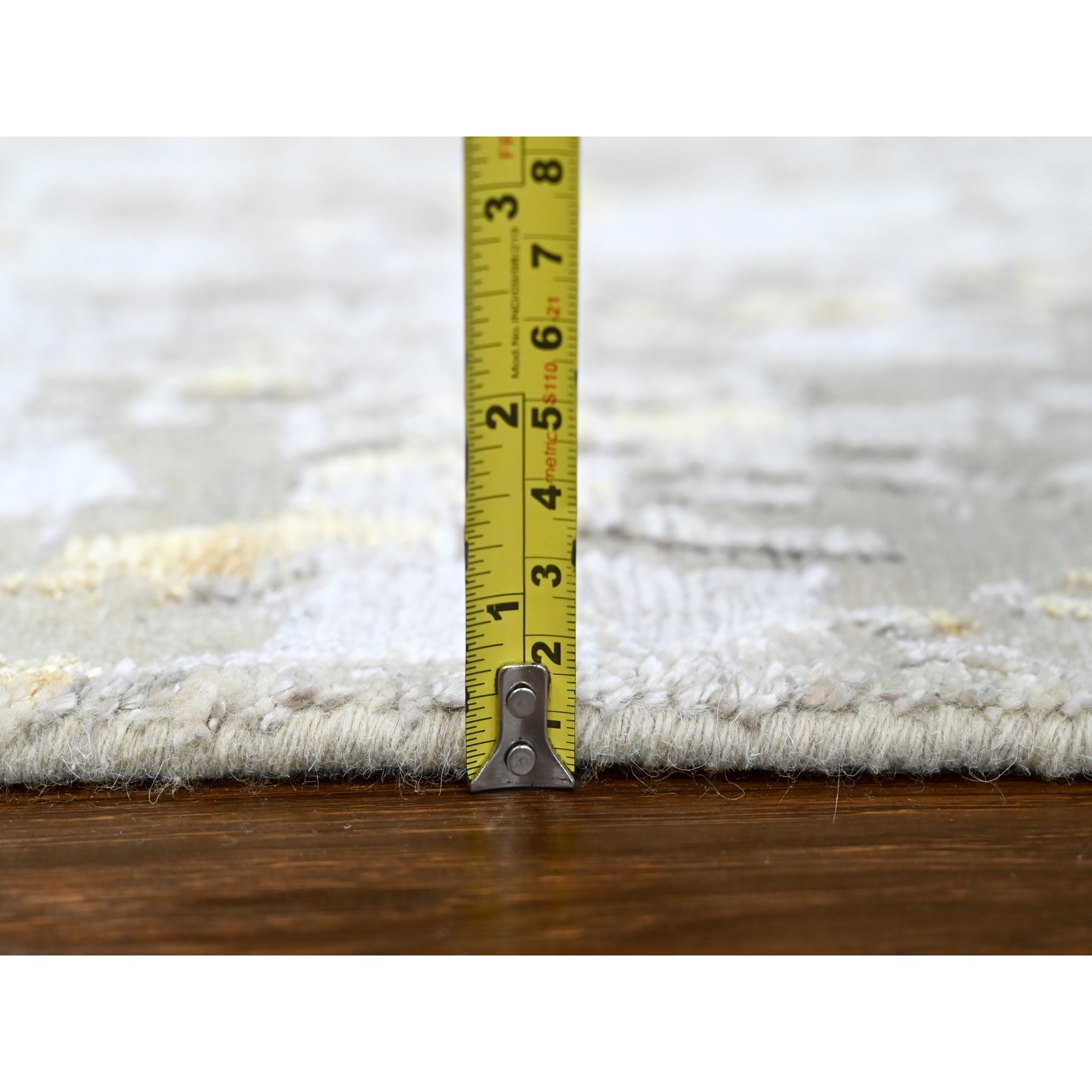 2'7"x7'10" Beige with Gold, Abstract Design, Wool and Silk, Hi-Low Pile, Densely Woven, Hand Knotted, Runner, Oriental Rug Sh10196