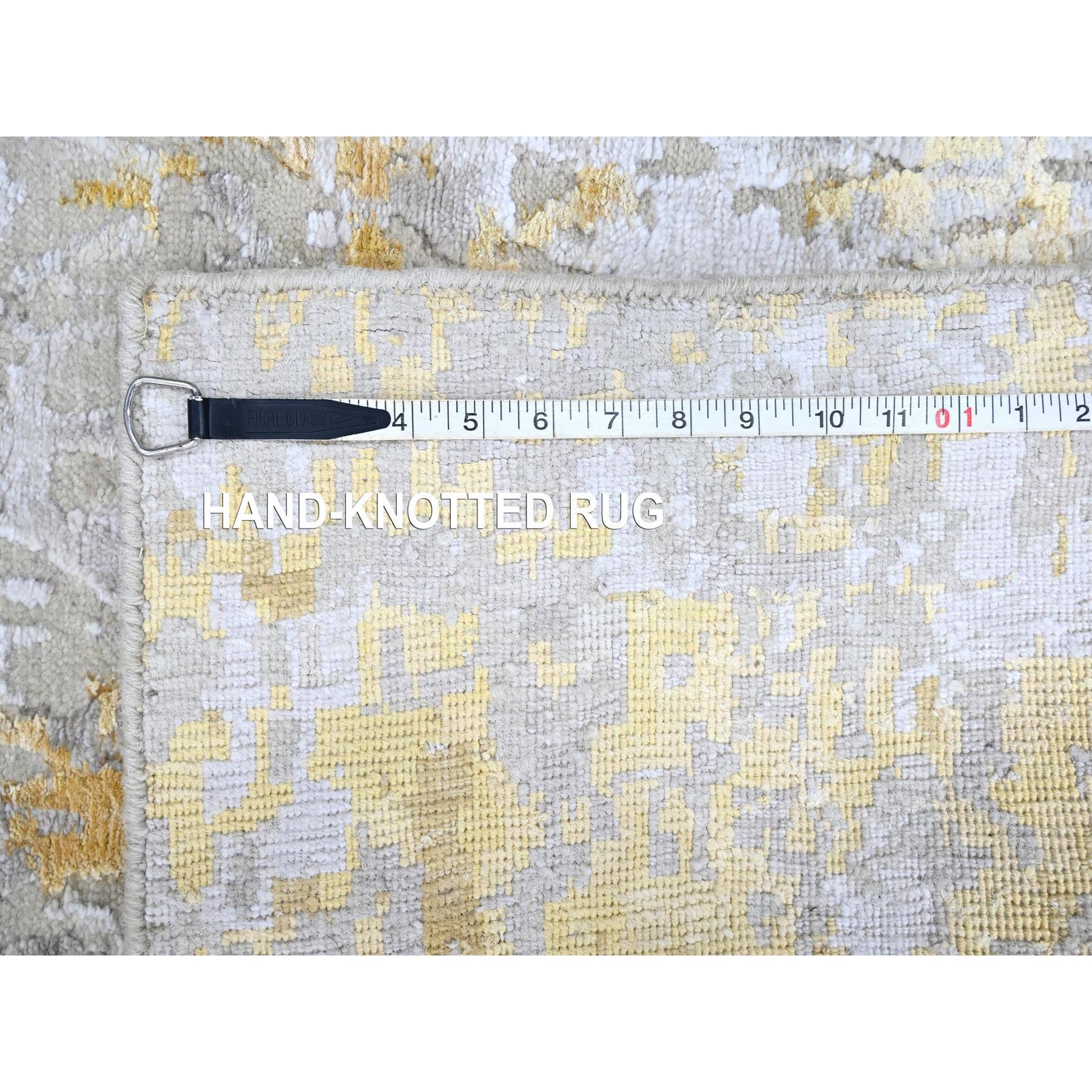2'7"x7'10" Beige with Gold, Abstract Design, Wool and Silk, Hi-Low Pile, Densely Woven, Hand Knotted, Runner, Oriental Rug Sh10196