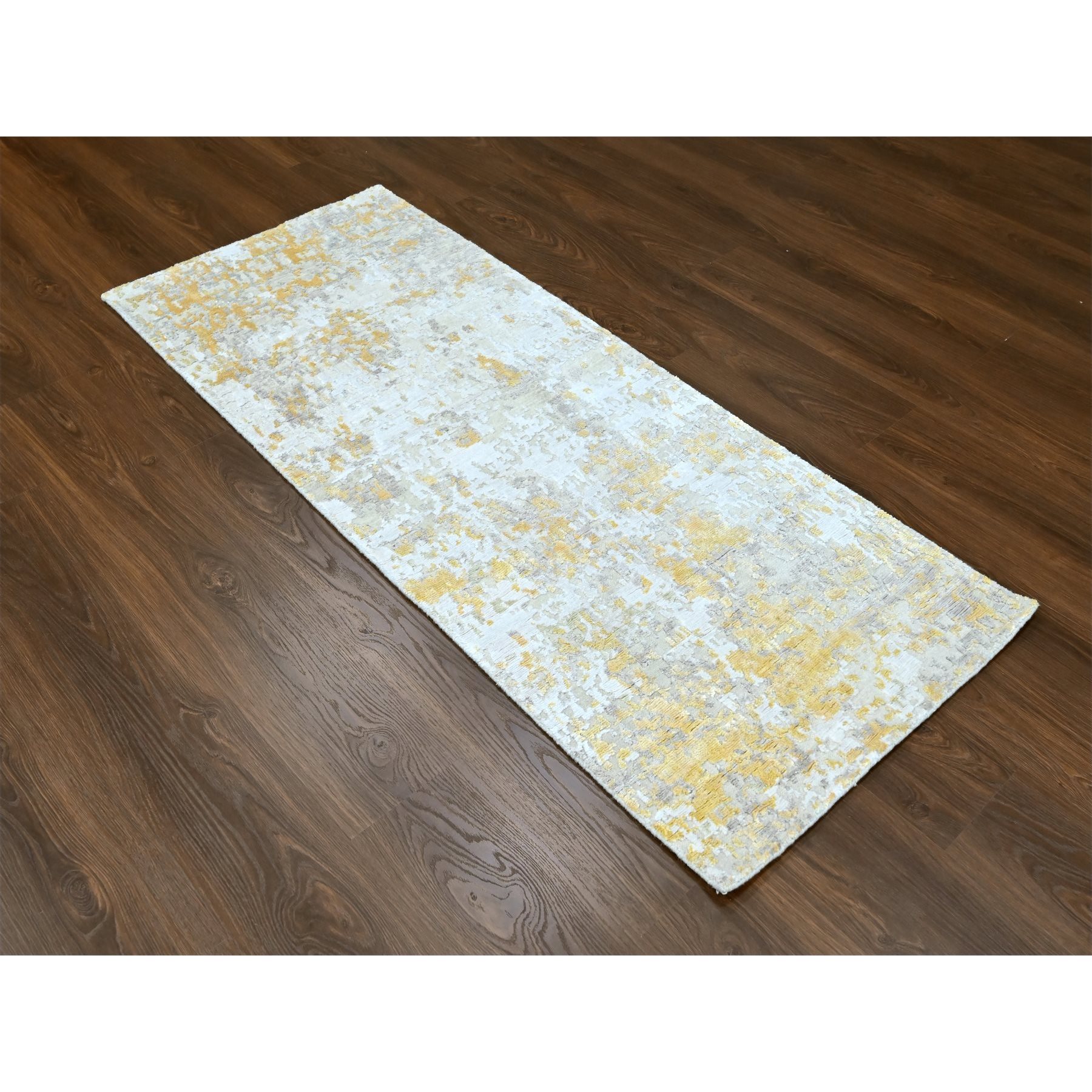 2'6"x6' Beige with Gold, Abstract Design, Wool and Silk, Hi-Low Pile, Denser Weave, Hand Knotted, Runner, Oriental Rug Sh10197