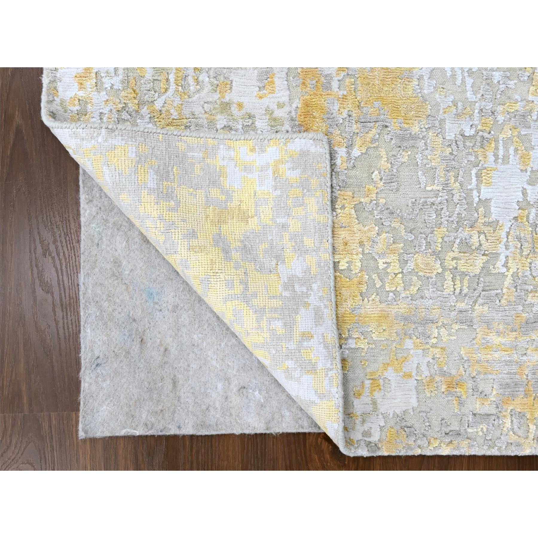 2'6"x6' Beige with Gold, Abstract Design, Wool and Silk, Hi-Low Pile, Denser Weave, Hand Knotted, Runner, Oriental Rug Sh10197
