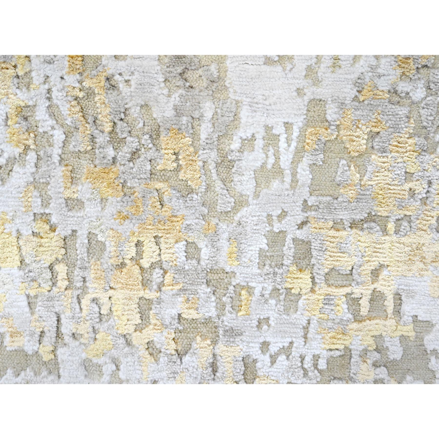 2'6"x6' Beige with Gold, Abstract Design, Wool and Silk, Hi-Low Pile, Denser Weave, Hand Knotted, Runner, Oriental Rug Sh10197