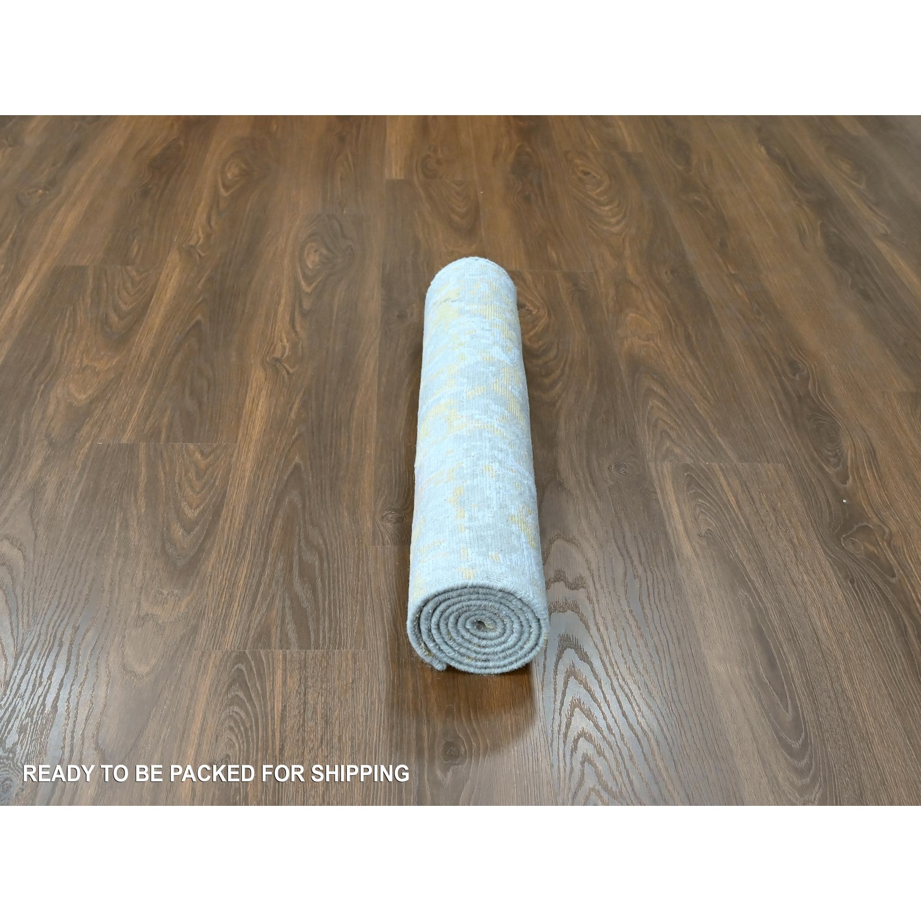 2'6"x6' Beige with Gold, Abstract Design, Wool and Silk, Hi-Low Pile, Denser Weave, Hand Knotted, Runner, Oriental Rug Sh10197