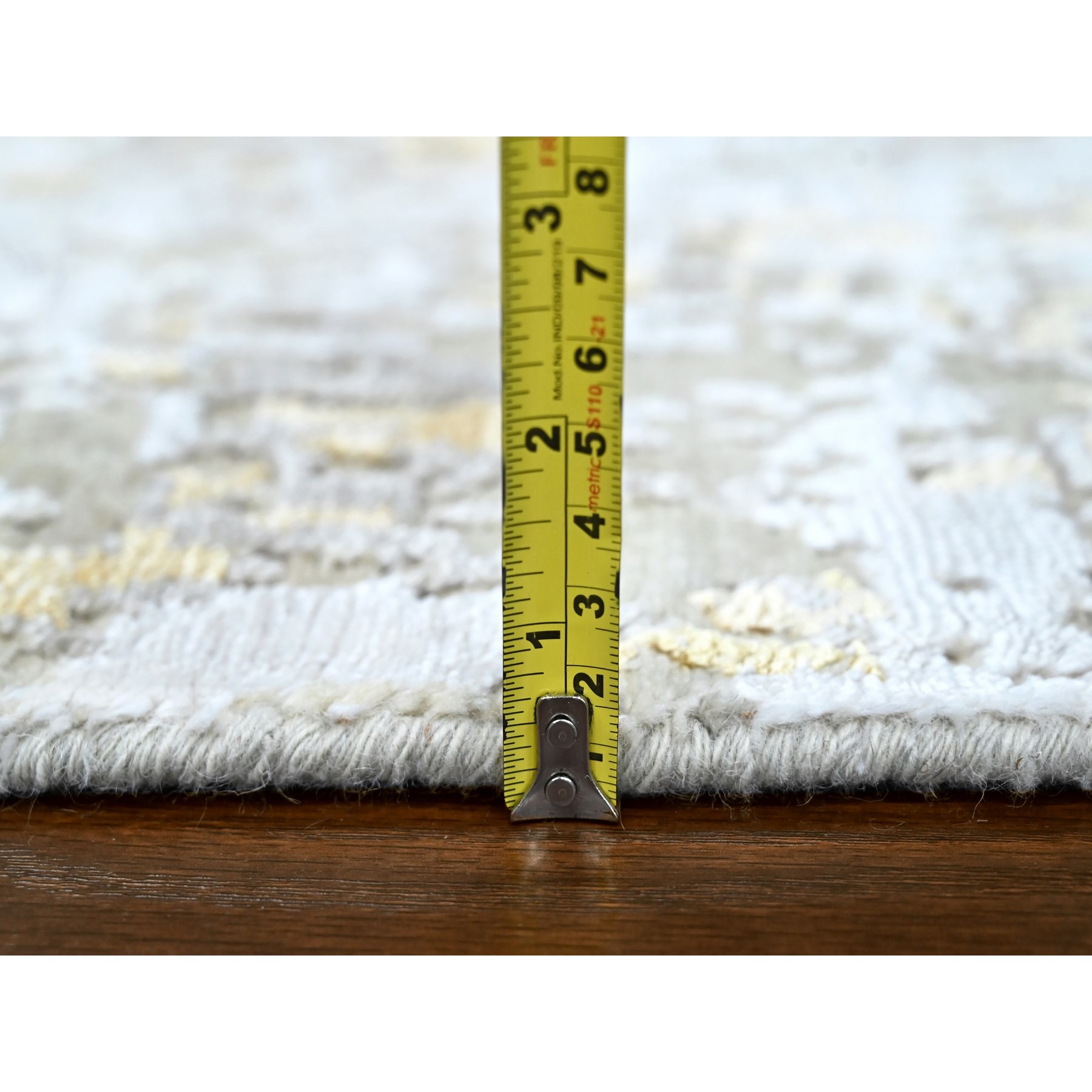 2'6"x6' Beige with Gold, Abstract Design, Wool and Silk, Hi-Low Pile, Denser Weave, Hand Knotted, Runner, Oriental Rug Sh10197