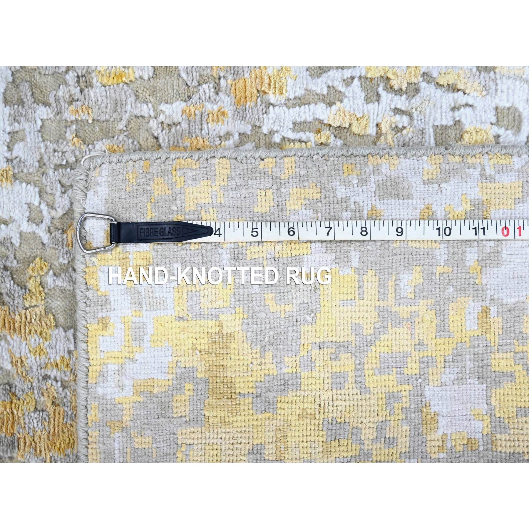 2'6"x6' Beige with Gold, Abstract Design, Wool and Silk, Hi-Low Pile, Denser Weave, Hand Knotted, Runner, Oriental Rug Sh10197