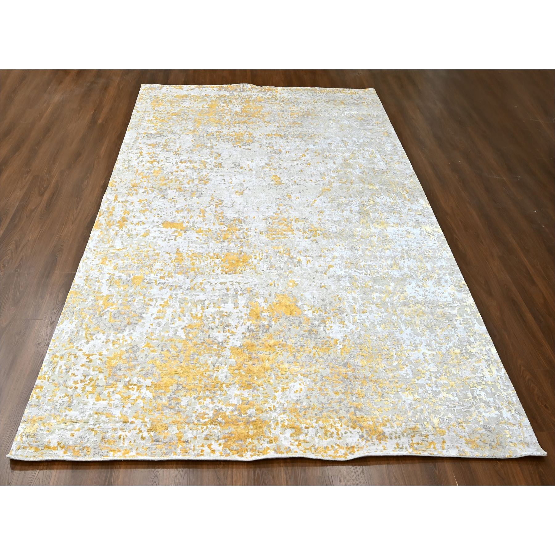 10'x13'10" Beige with Gold, Abstract Design, Wool and Silk, Densely Woven, Hi-Low Pile, Hand Knotted, Oriental Rug Sh10198