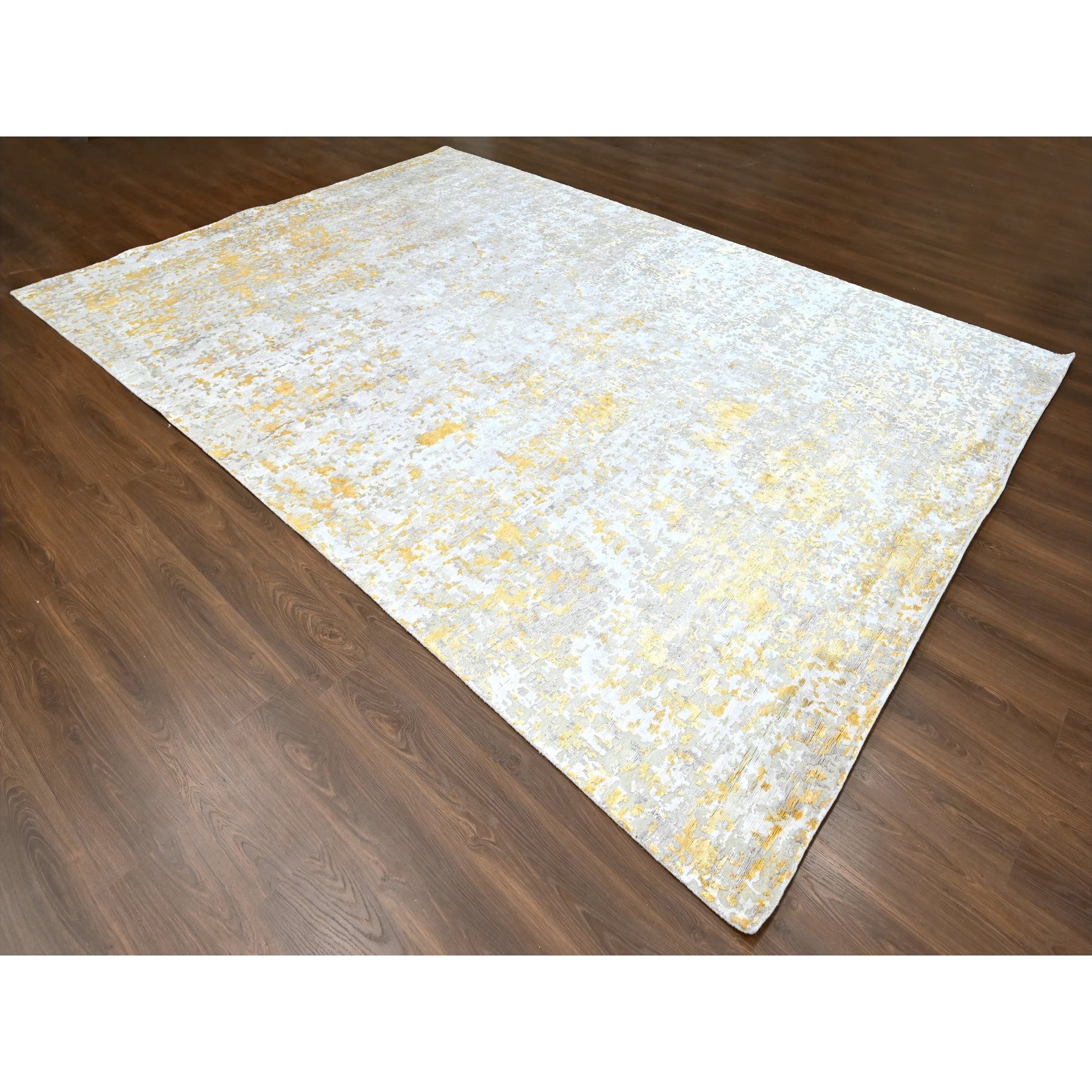 10'x13'10" Beige with Gold, Abstract Design, Wool and Silk, Densely Woven, Hi-Low Pile, Hand Knotted, Oriental Rug Sh10198