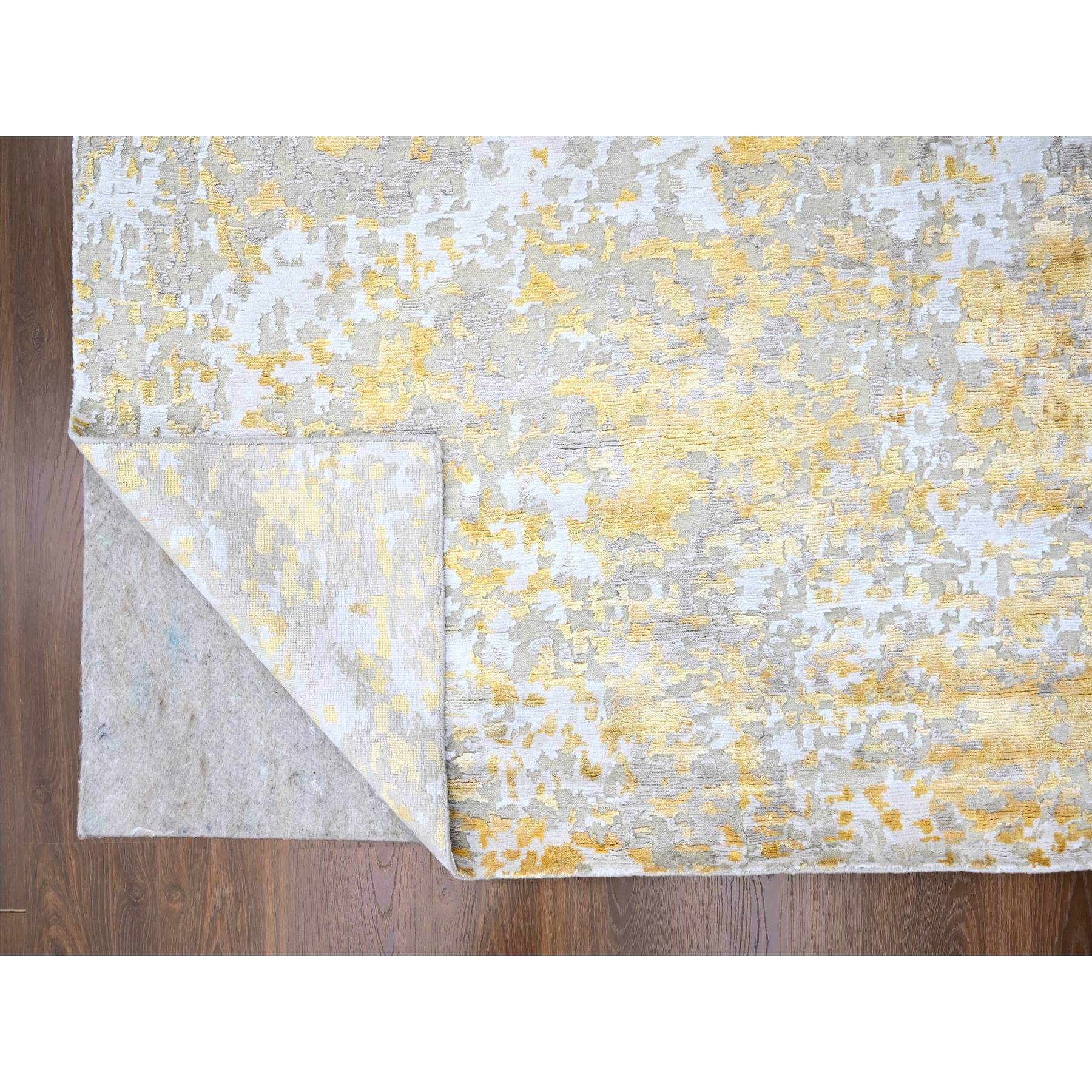 10'x13'10" Beige with Gold, Abstract Design, Wool and Silk, Densely Woven, Hi-Low Pile, Hand Knotted, Oriental Rug Sh10198
