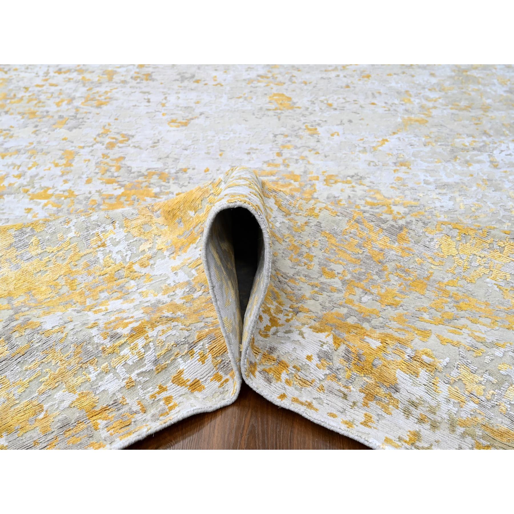 10'x13'10" Beige with Gold, Abstract Design, Wool and Silk, Densely Woven, Hi-Low Pile, Hand Knotted, Oriental Rug Sh10198