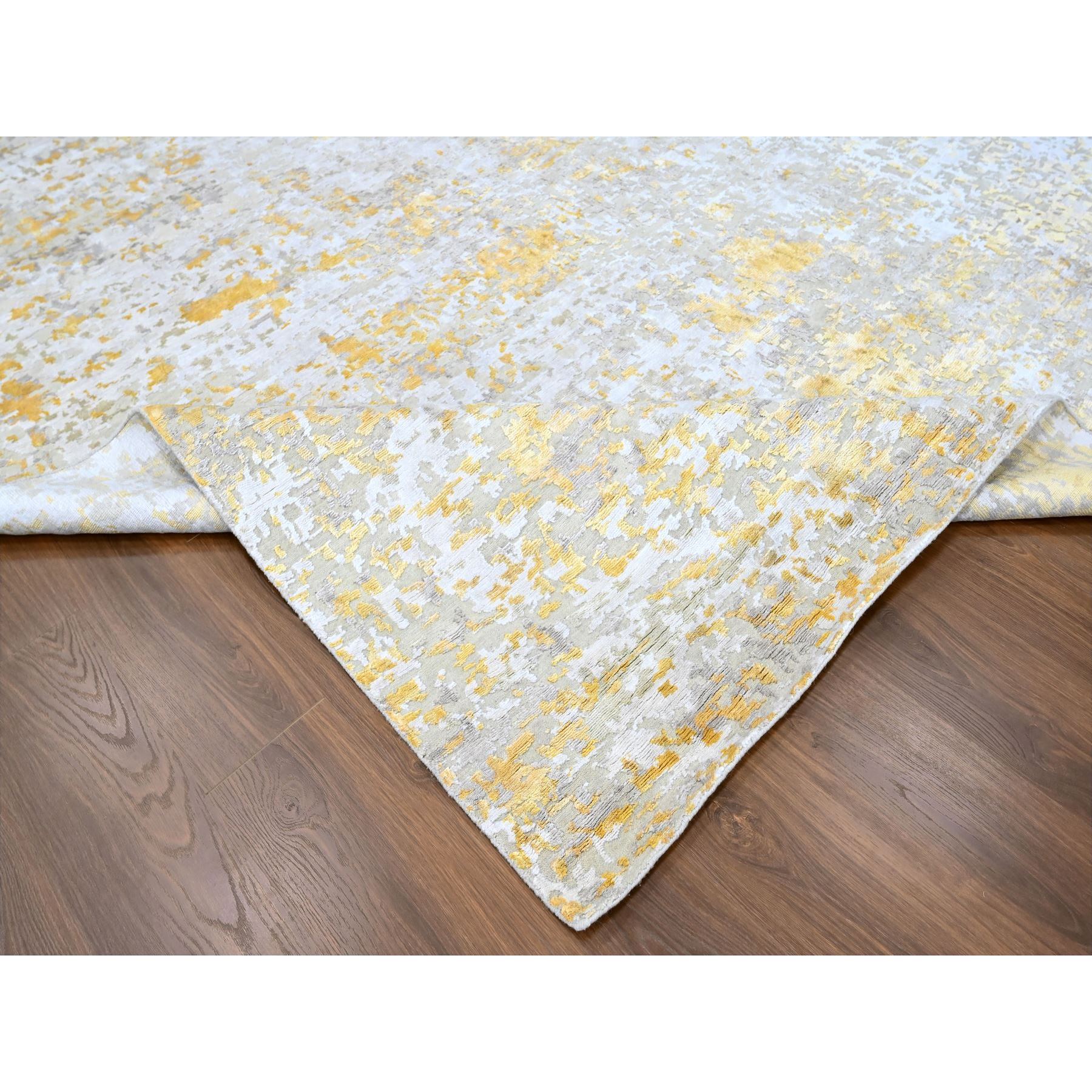 10'x13'10" Beige with Gold, Abstract Design, Wool and Silk, Densely Woven, Hi-Low Pile, Hand Knotted, Oriental Rug Sh10198