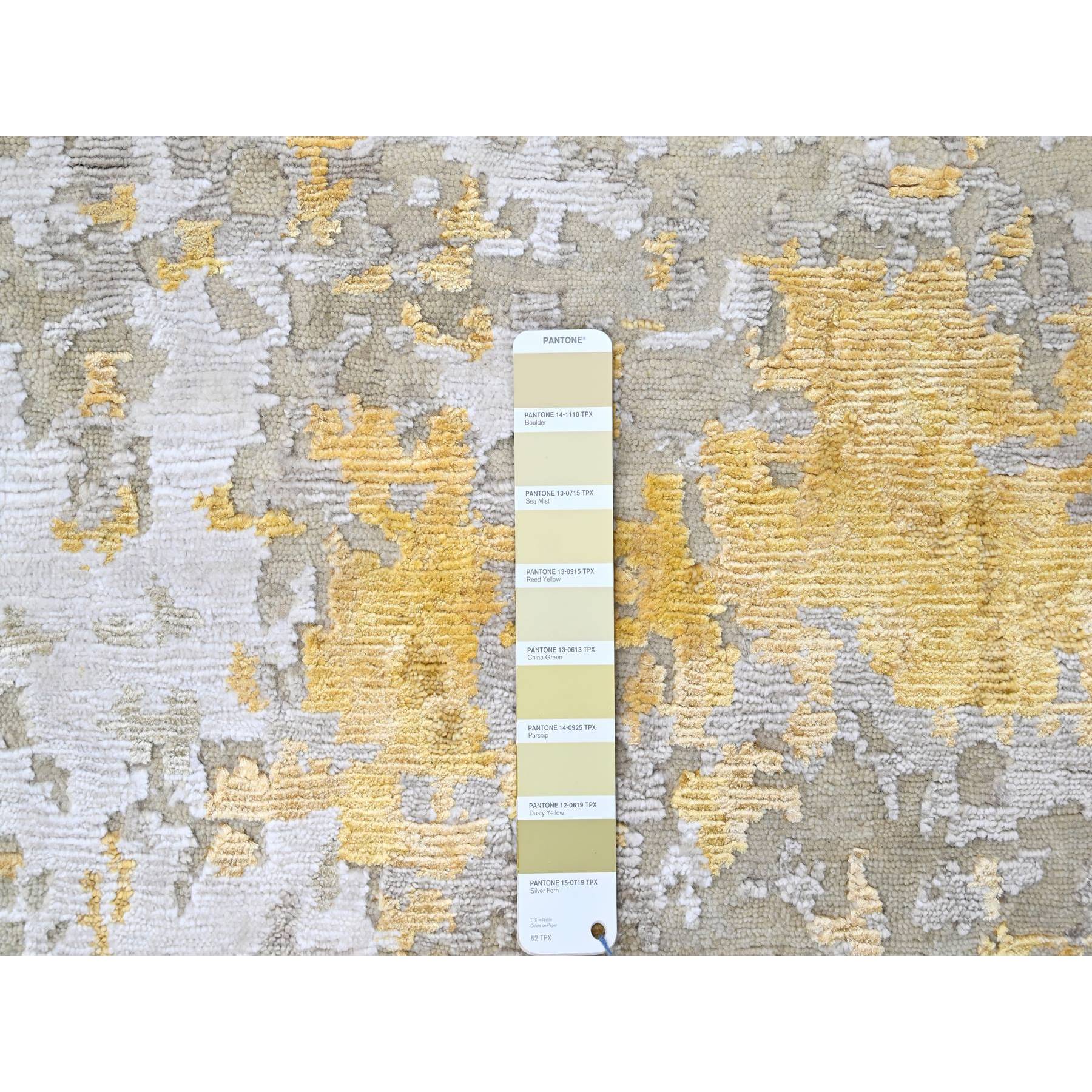 10'x13'10" Beige with Gold, Abstract Design, Wool and Silk, Densely Woven, Hi-Low Pile, Hand Knotted, Oriental Rug Sh10198