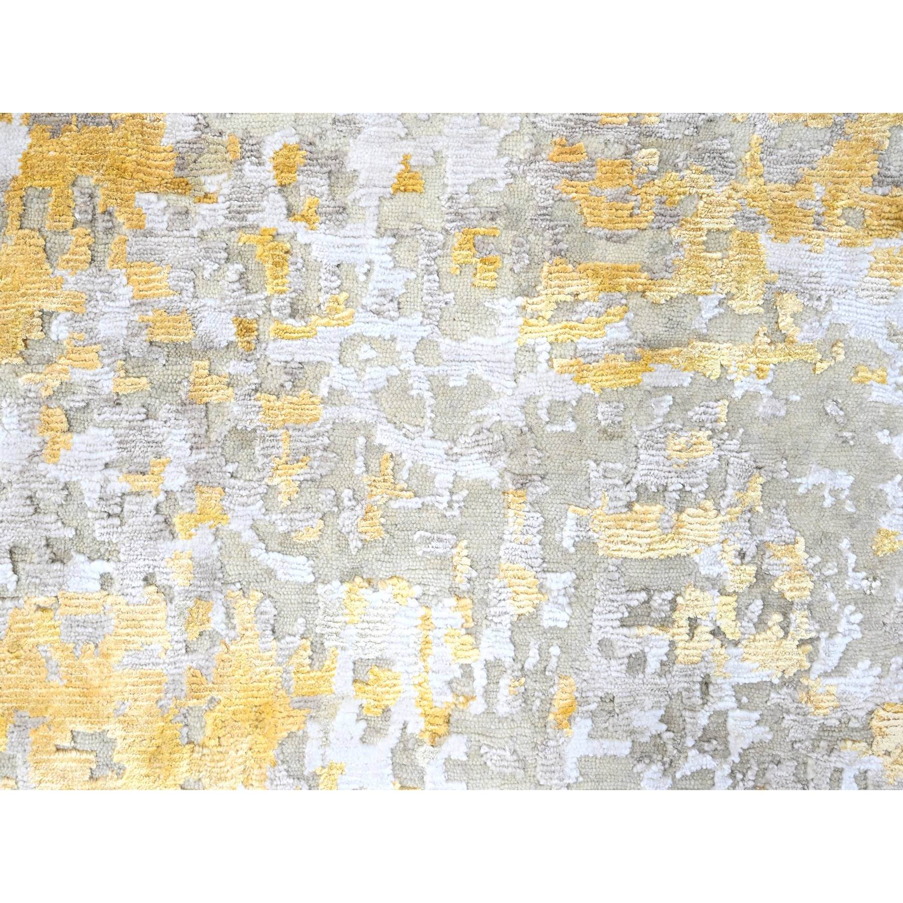 10'x13'10" Beige with Gold, Abstract Design, Wool and Silk, Densely Woven, Hi-Low Pile, Hand Knotted, Oriental Rug Sh10198