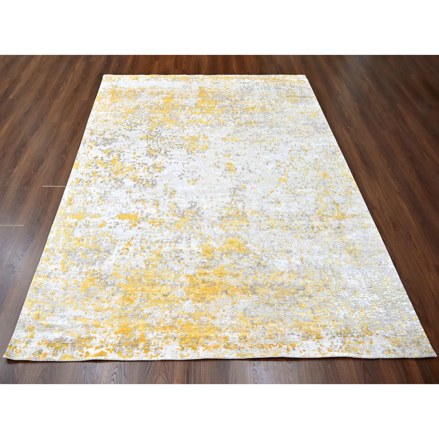 8'x9'9" Beige with Gold, Wool and Silk, Abstract Design, Denser Weave, Hi-Low Pile, Hand Knotted, Oriental Rug Sh10199