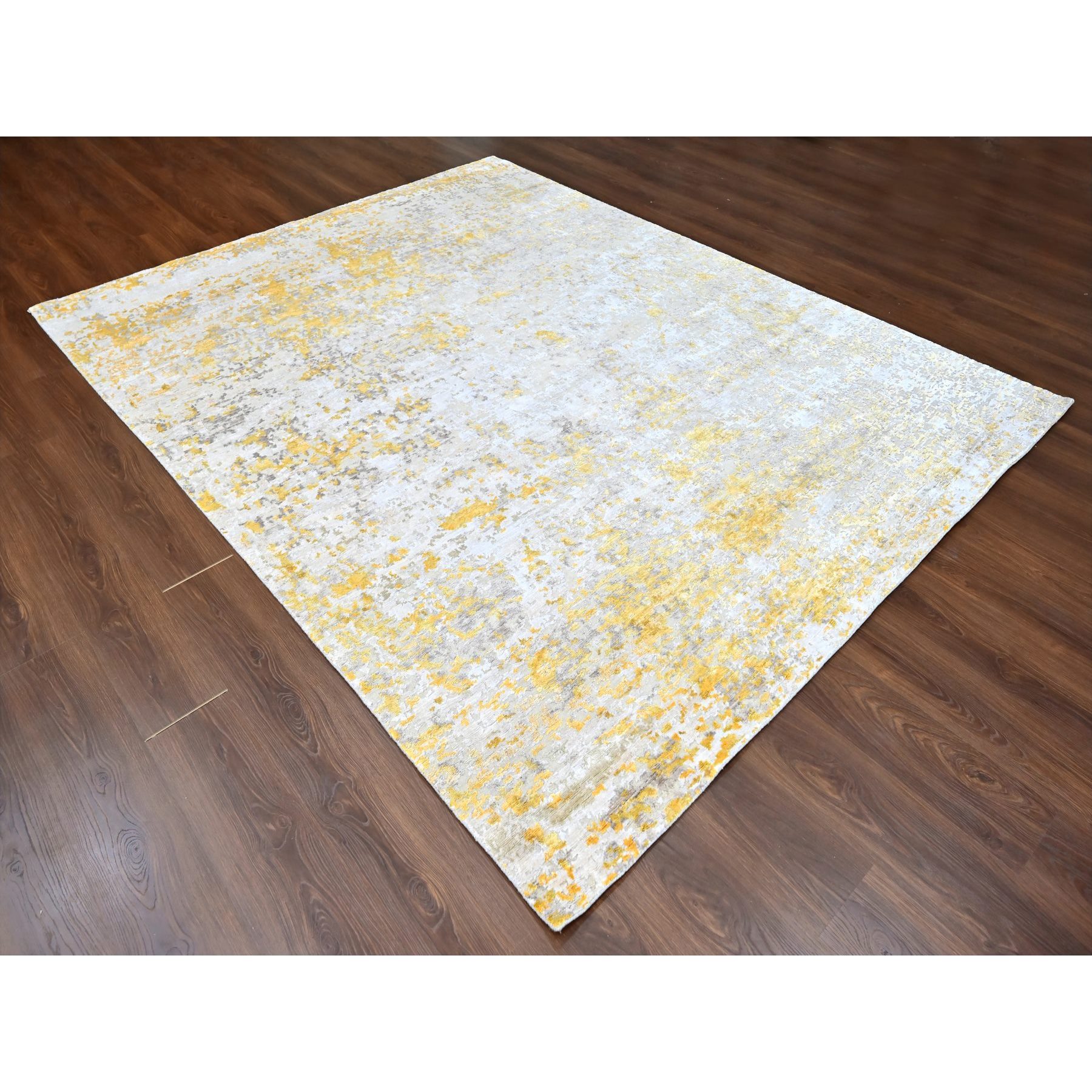 8'x9'9" Beige with Gold, Wool and Silk, Abstract Design, Denser Weave, Hi-Low Pile, Hand Knotted, Oriental Rug Sh10199