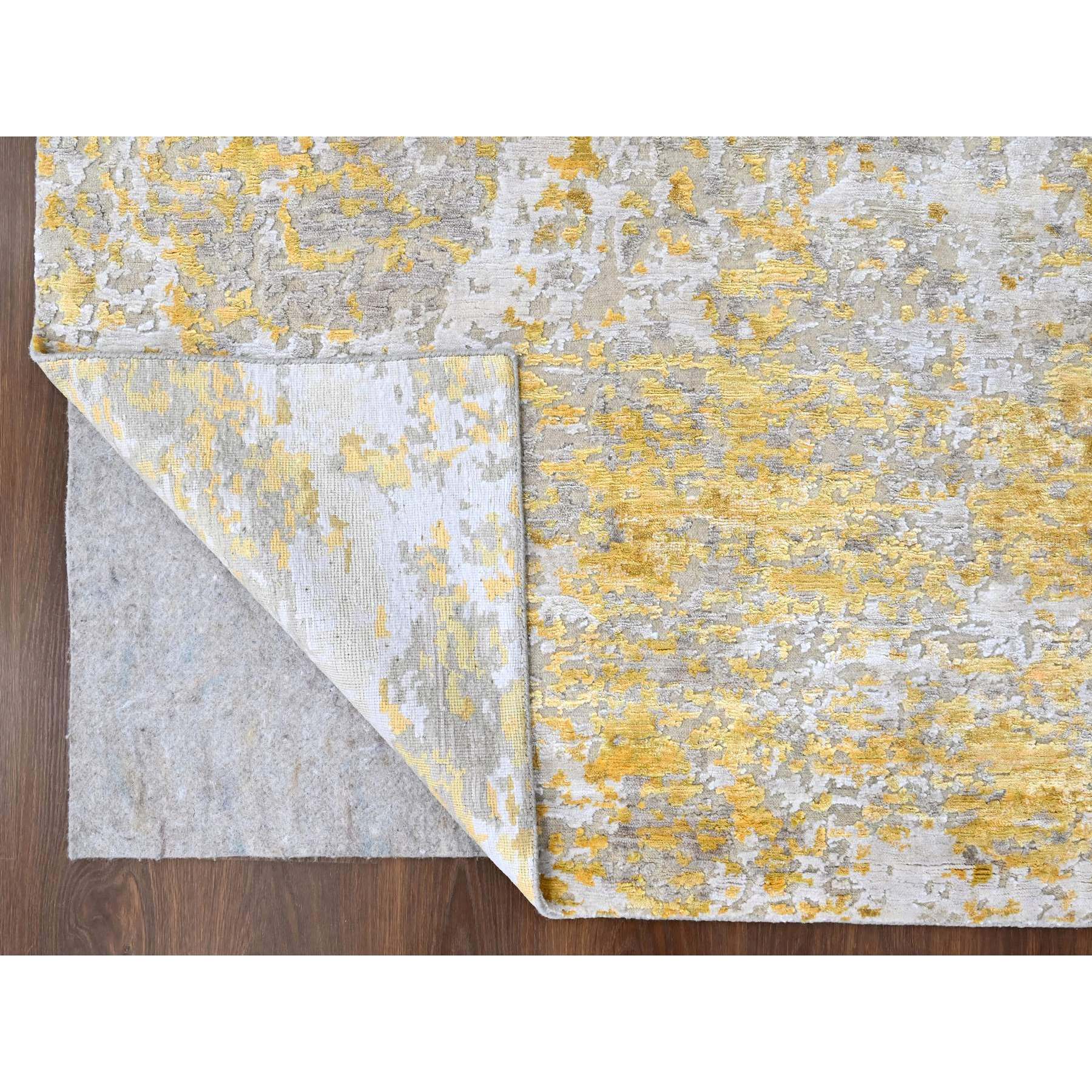 8'x9'9" Beige with Gold, Wool and Silk, Abstract Design, Denser Weave, Hi-Low Pile, Hand Knotted, Oriental Rug Sh10199