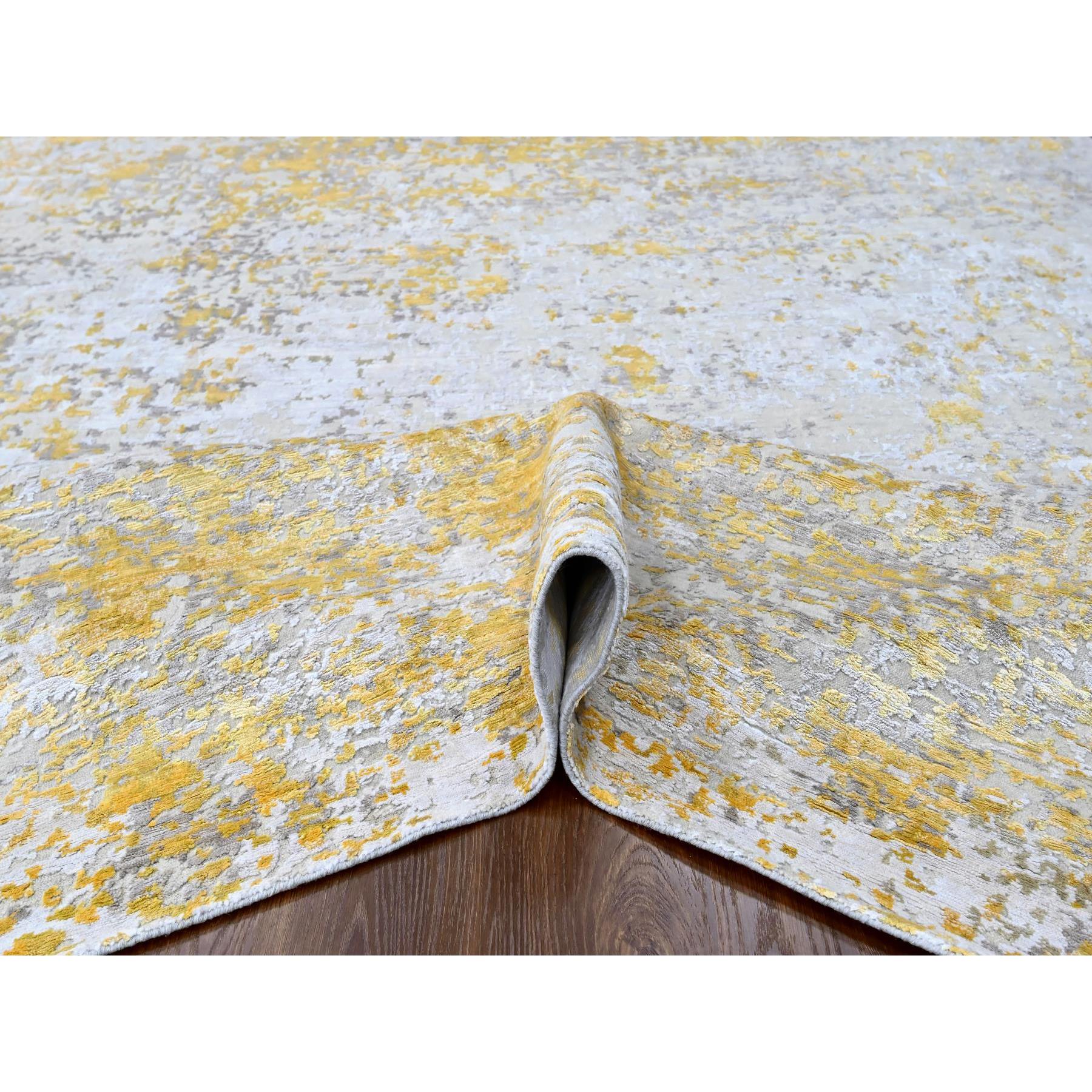 8'x9'9" Beige with Gold, Wool and Silk, Abstract Design, Denser Weave, Hi-Low Pile, Hand Knotted, Oriental Rug Sh10199
