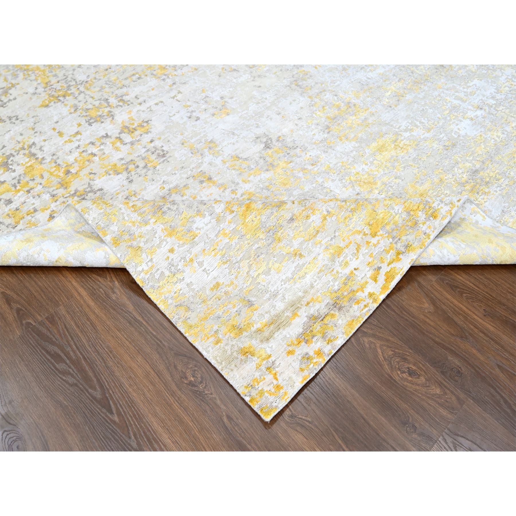 8'x9'9" Beige with Gold, Wool and Silk, Abstract Design, Denser Weave, Hi-Low Pile, Hand Knotted, Oriental Rug Sh10199