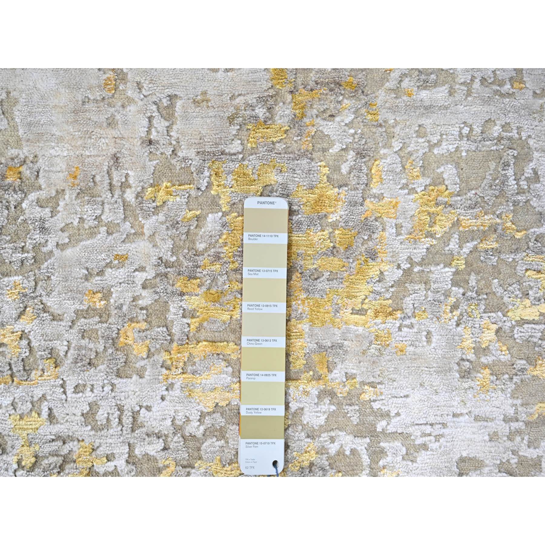 8'x9'9" Beige with Gold, Wool and Silk, Abstract Design, Denser Weave, Hi-Low Pile, Hand Knotted, Oriental Rug Sh10199