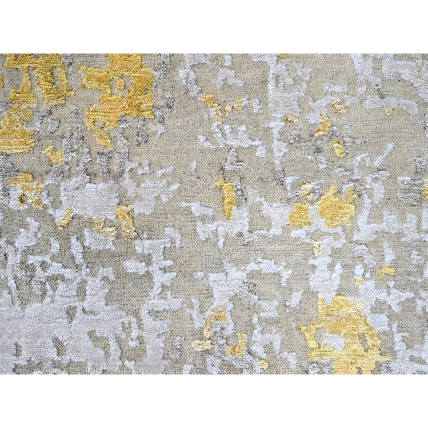 8'x9'9" Beige with Gold, Wool and Silk, Abstract Design, Denser Weave, Hi-Low Pile, Hand Knotted, Oriental Rug Sh10199