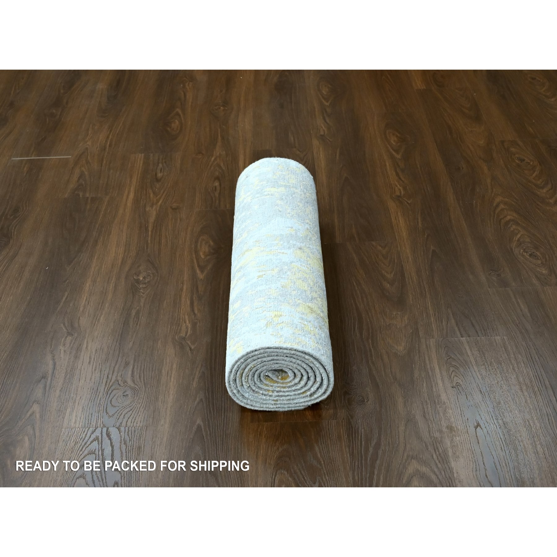 2'7"x7'10" Beige with Gold, Abstract Design, Wool and Silk, Hi-Low Pile, Densely Woven, Hand Knotted, Runner, Oriental Rug Sh10201