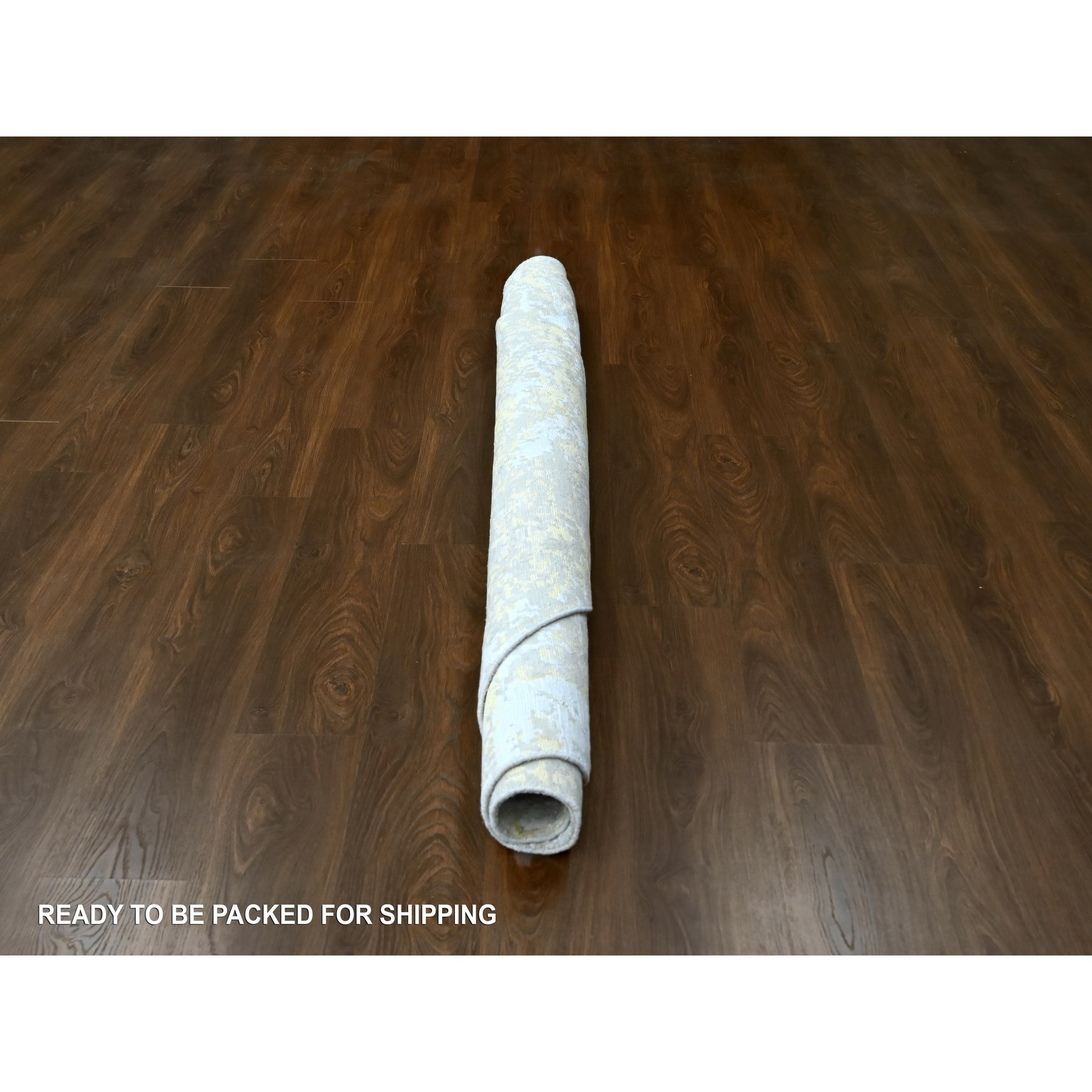 7'9'x7'9" Beige with Gold, Abstract Design, Wool and Silk, Hi-Low Pile, Hand Knotted, Round, Oriental Rug Sh10202
