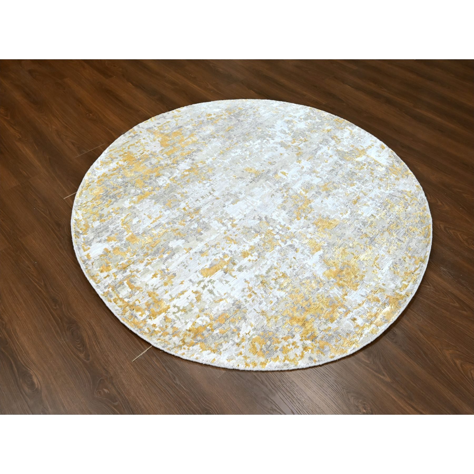 6'x6' Beige with Gold, Wool and Silk, Abstract Design, Hi-Low Pile, Hand Knotted, Round, Oriental Rug Sh10203