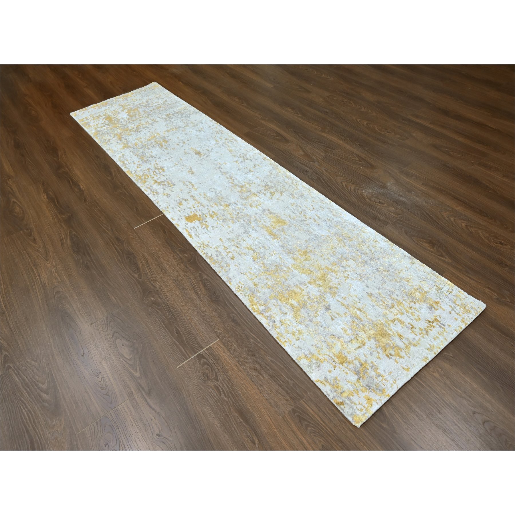 2'6"x9'9" Beige with Gold, Abstract Design, Wool and Silk, Hi-Low Pile, Densely Woven, Hand Knotted, Runner, Oriental Rug Sh10204
