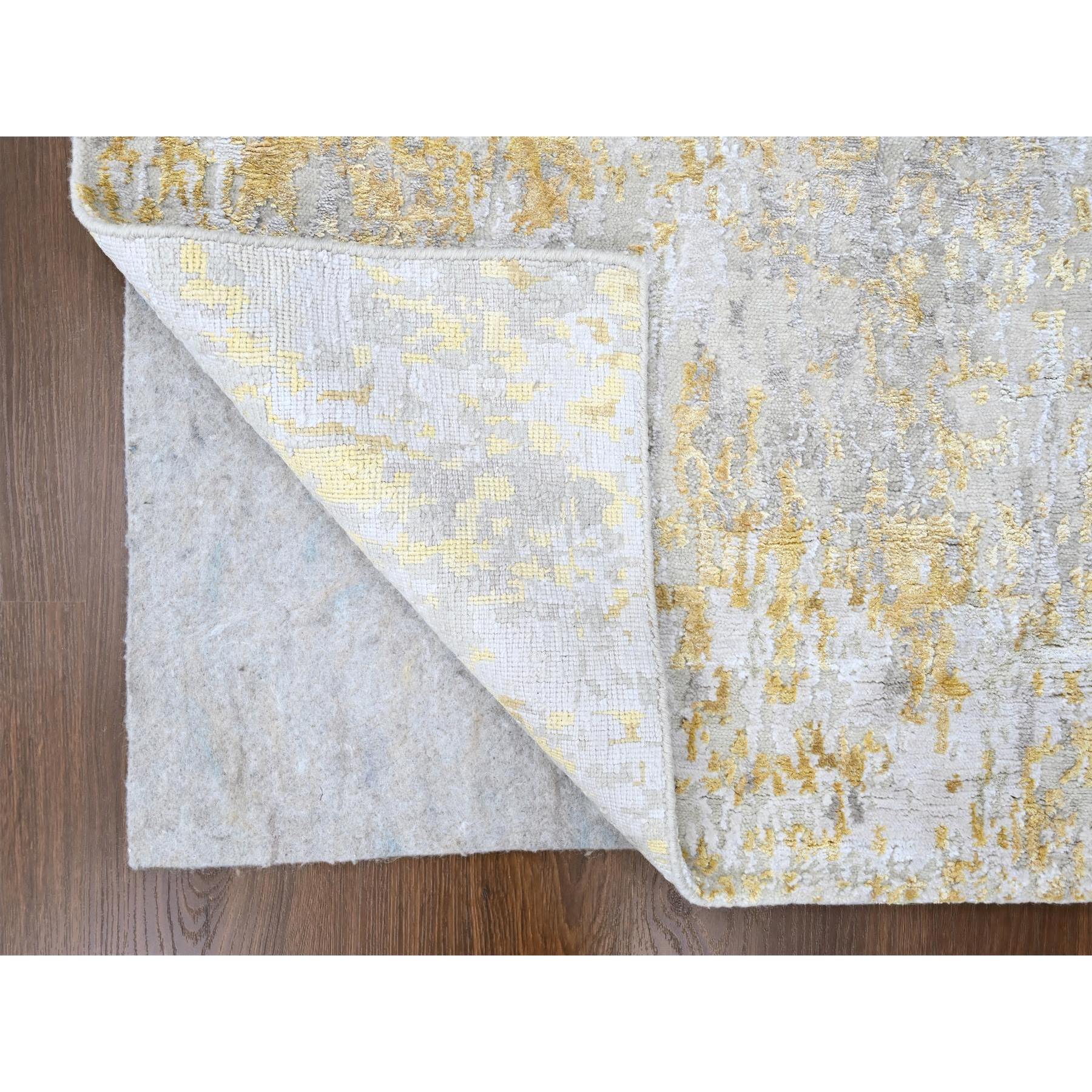 2'6"x9'9" Beige with Gold, Abstract Design, Wool and Silk, Hi-Low Pile, Densely Woven, Hand Knotted, Runner, Oriental Rug Sh10204