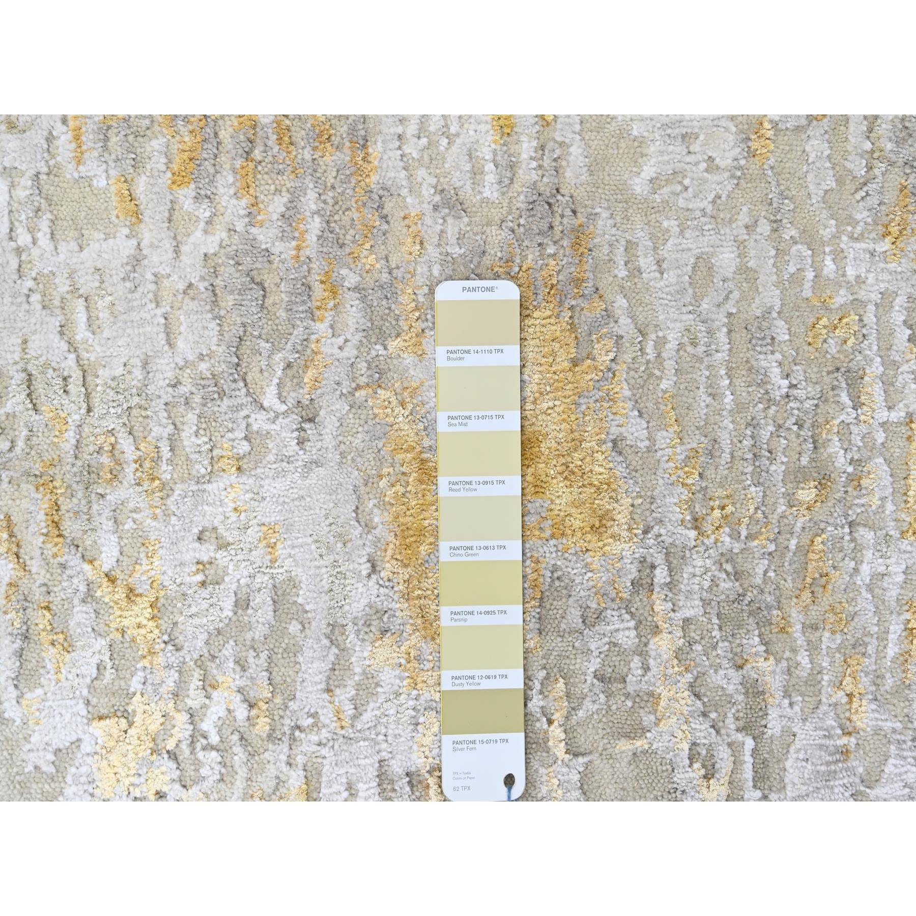 2'6"x9'9" Beige with Gold, Abstract Design, Wool and Silk, Hi-Low Pile, Densely Woven, Hand Knotted, Runner, Oriental Rug Sh10204